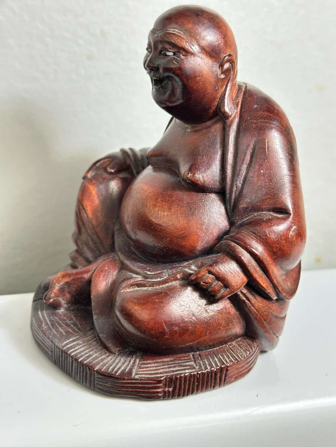 Vintage hand carved sitting laughing Buddha carving - photo 3