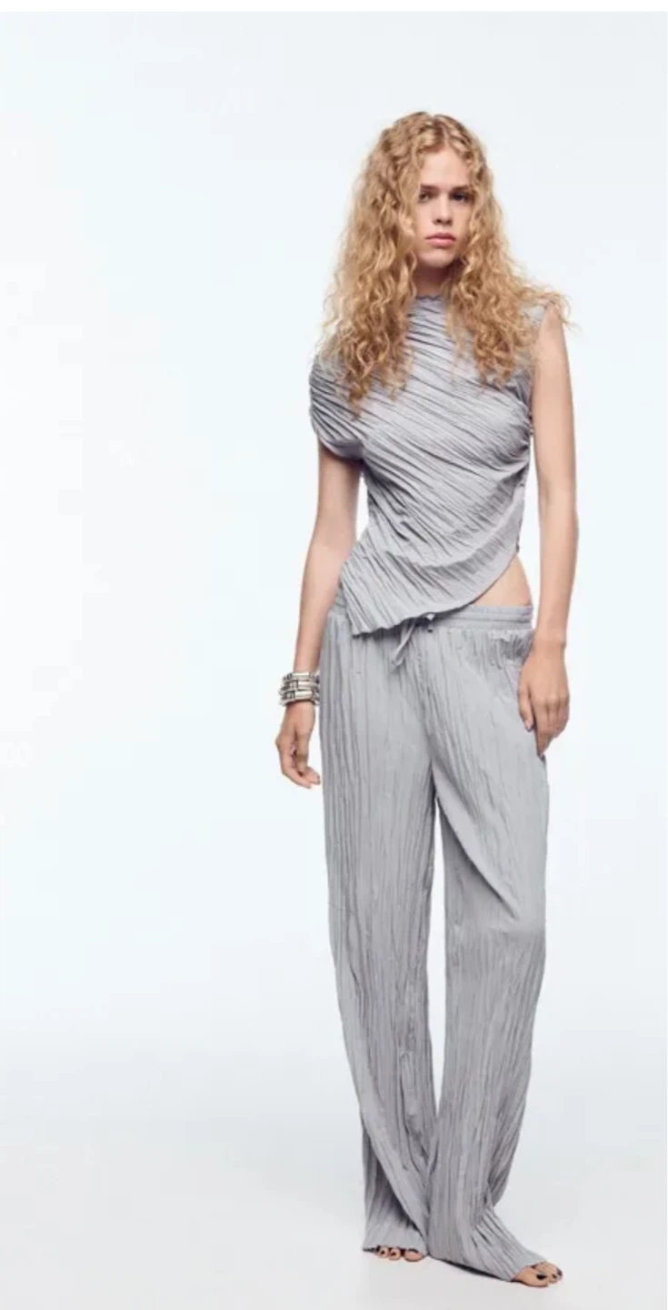 ZARA Pleated Asymmetrical Drape Top & Pants Set - Size L