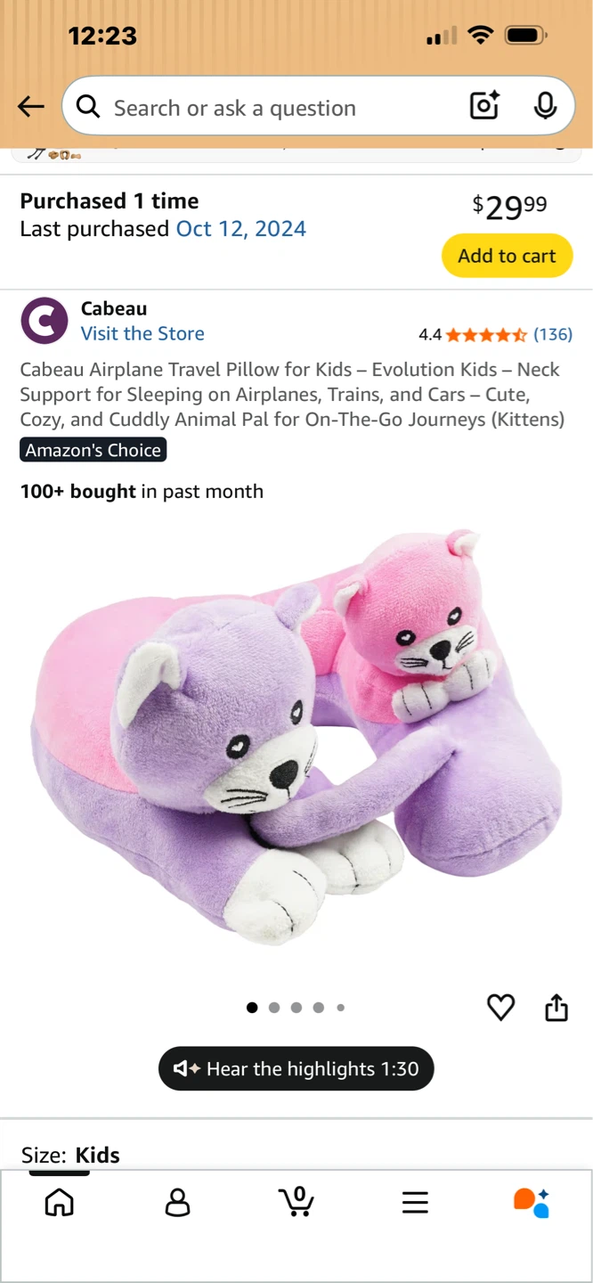 Cabeau Evolution Kids Airplane Travel Pillow - Purple/Pink Cat - photo 3