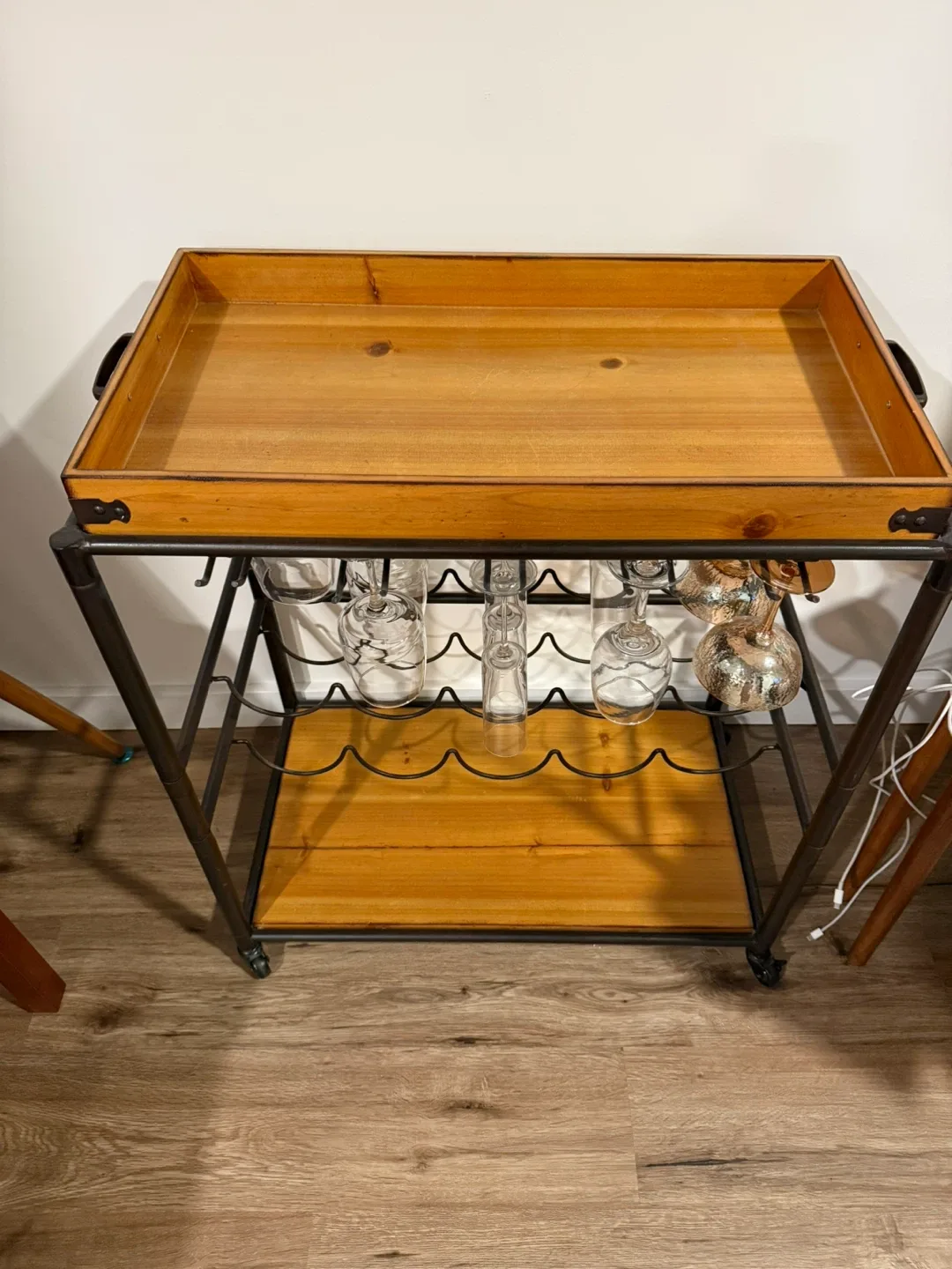 Rolling Bar Cart with Removable Tray — Wood & Metal - photo 2