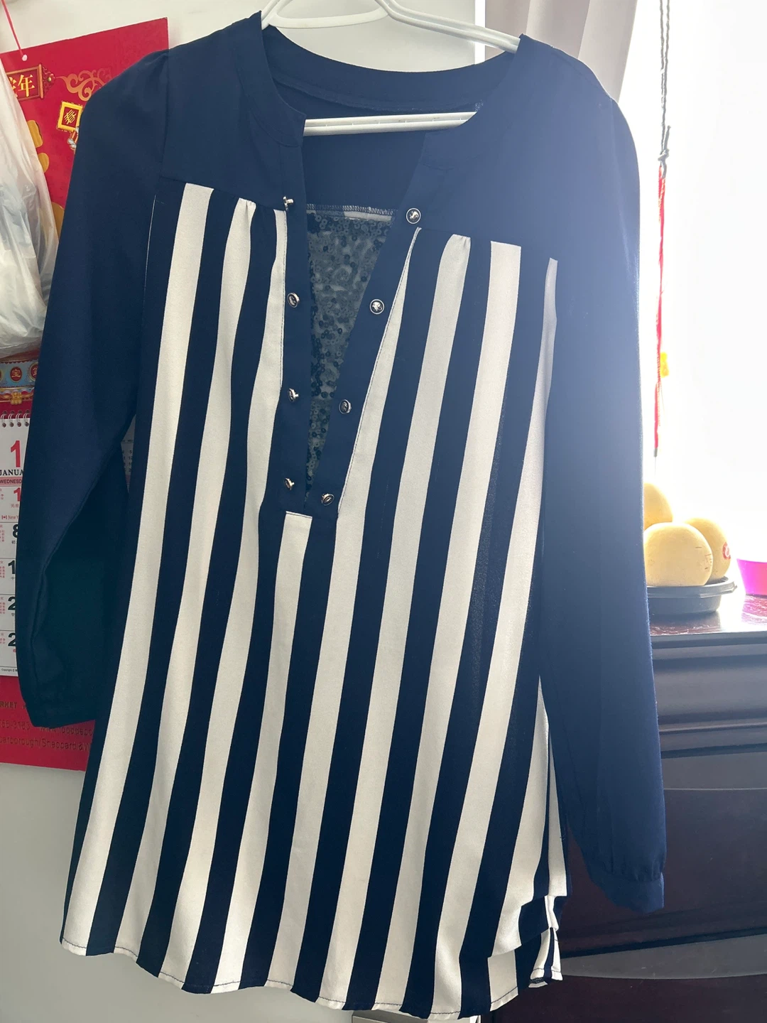 Navy and White Striped Blouse with Sequin Detail