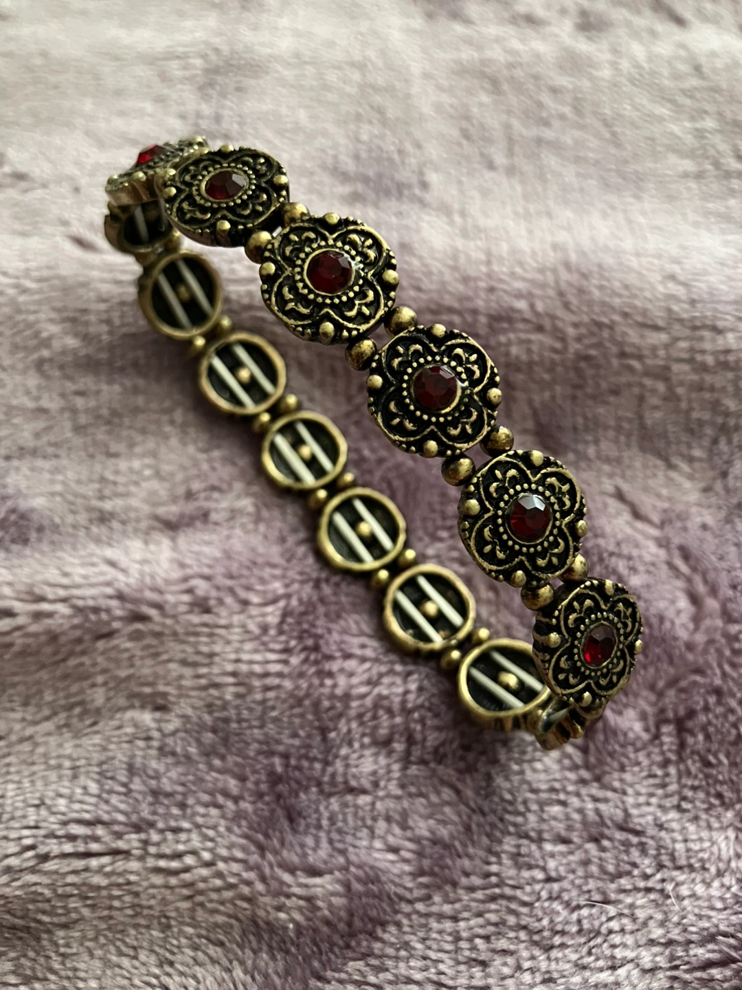 Vintage Gold Tone & Red Gemstone Stretch Bracelet