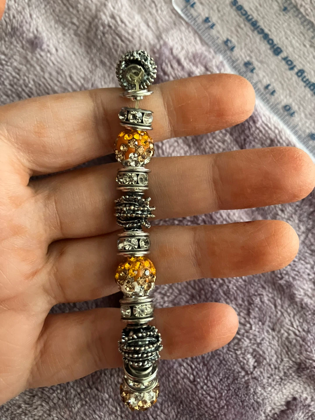 Beaded stretch Bracelet - Silver Tones with Amber Rhinestones
