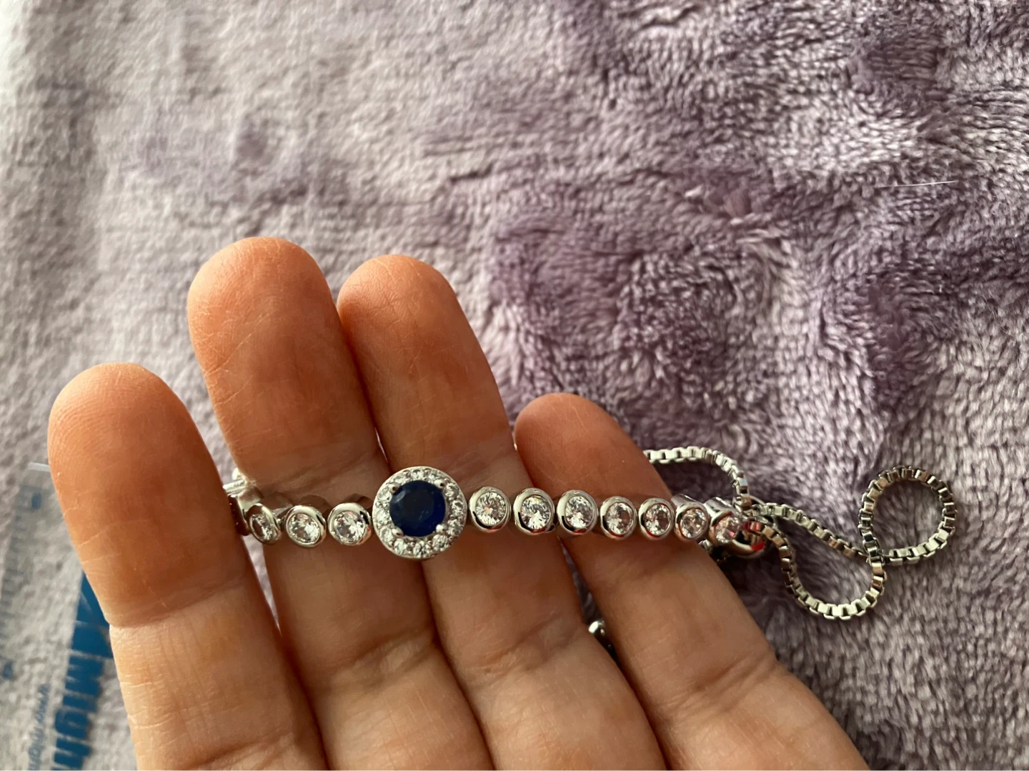 Adjustable Crystal and Blue Stone Silver Bracelet
