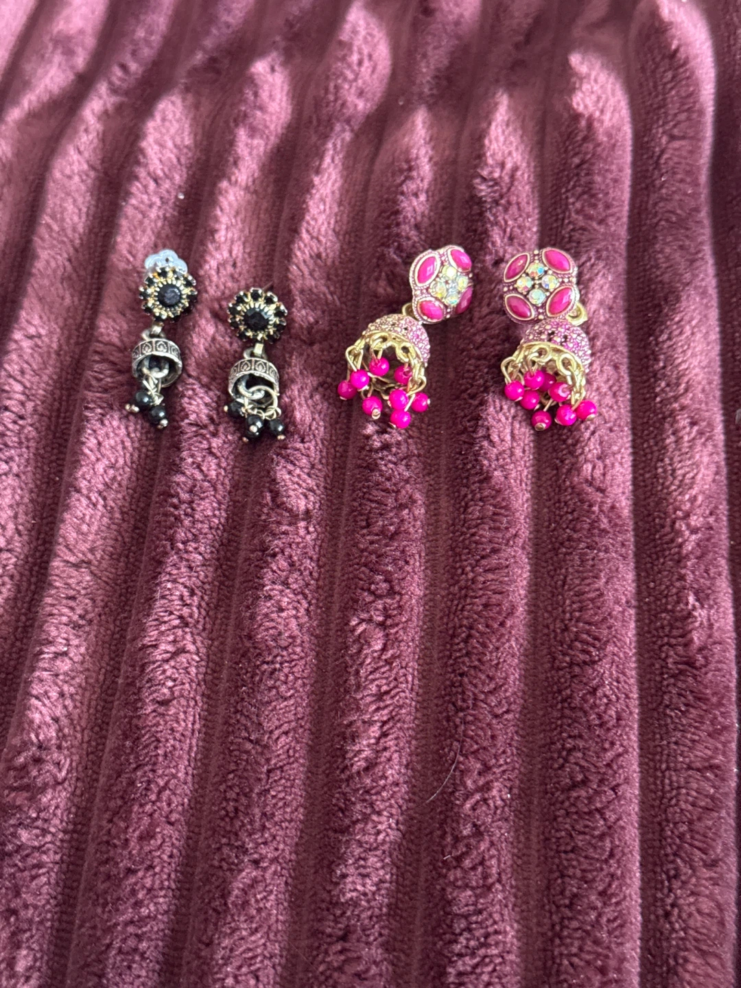 Pair of Indian Jhumka Earrings - Pink and Black
