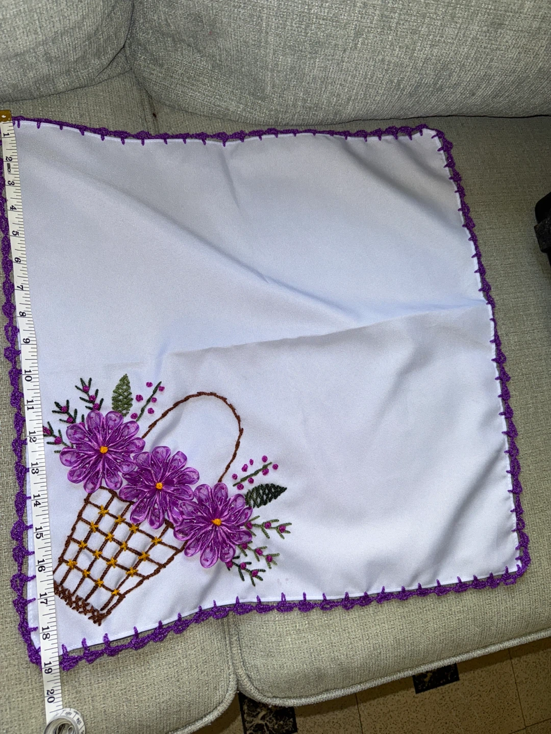 🌱Embroidered Handkerchief with Basket and Flowers