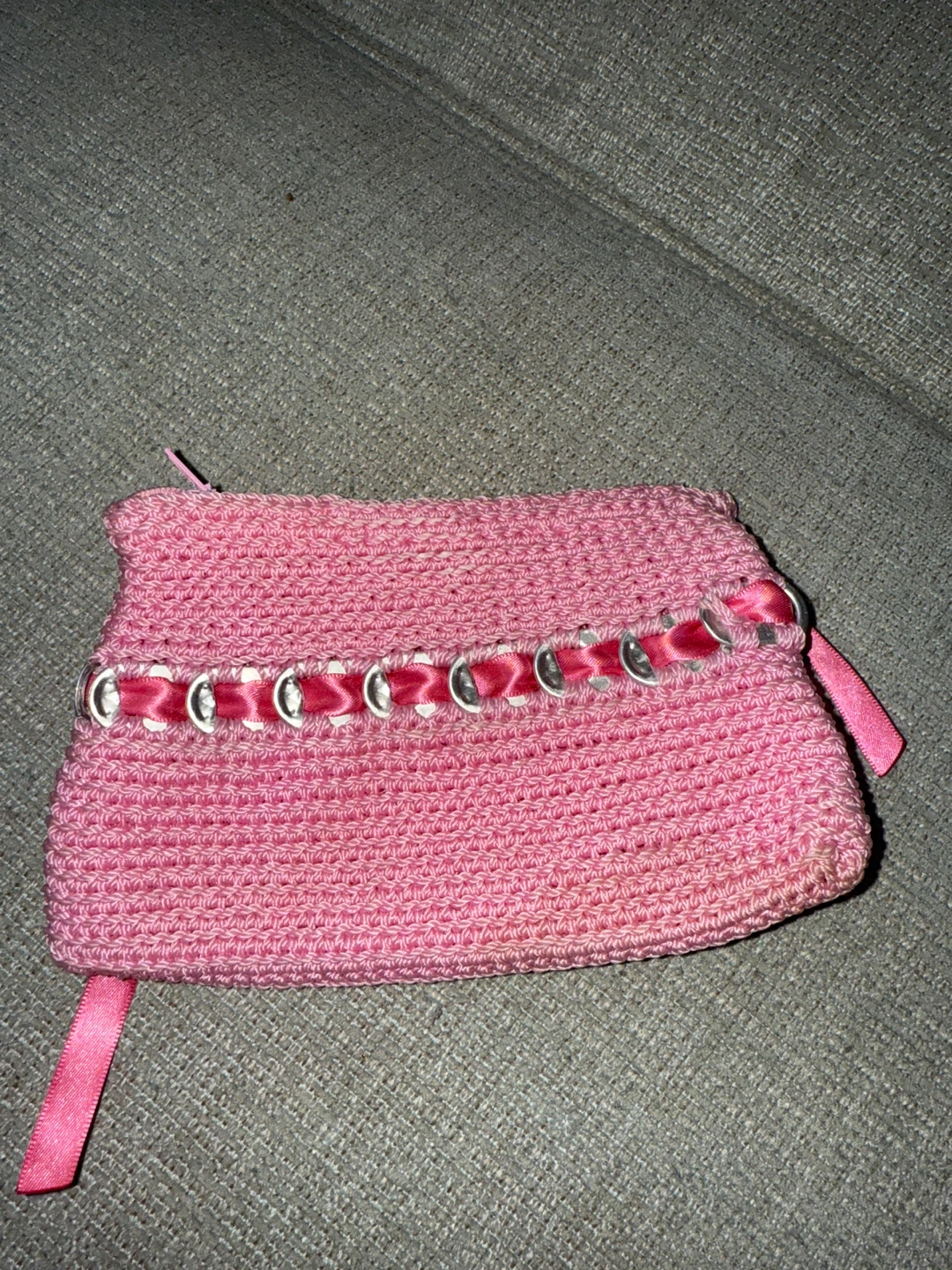 🌱Pink Crocheted Clutch with Ribbon & Ring Accent - photo 3