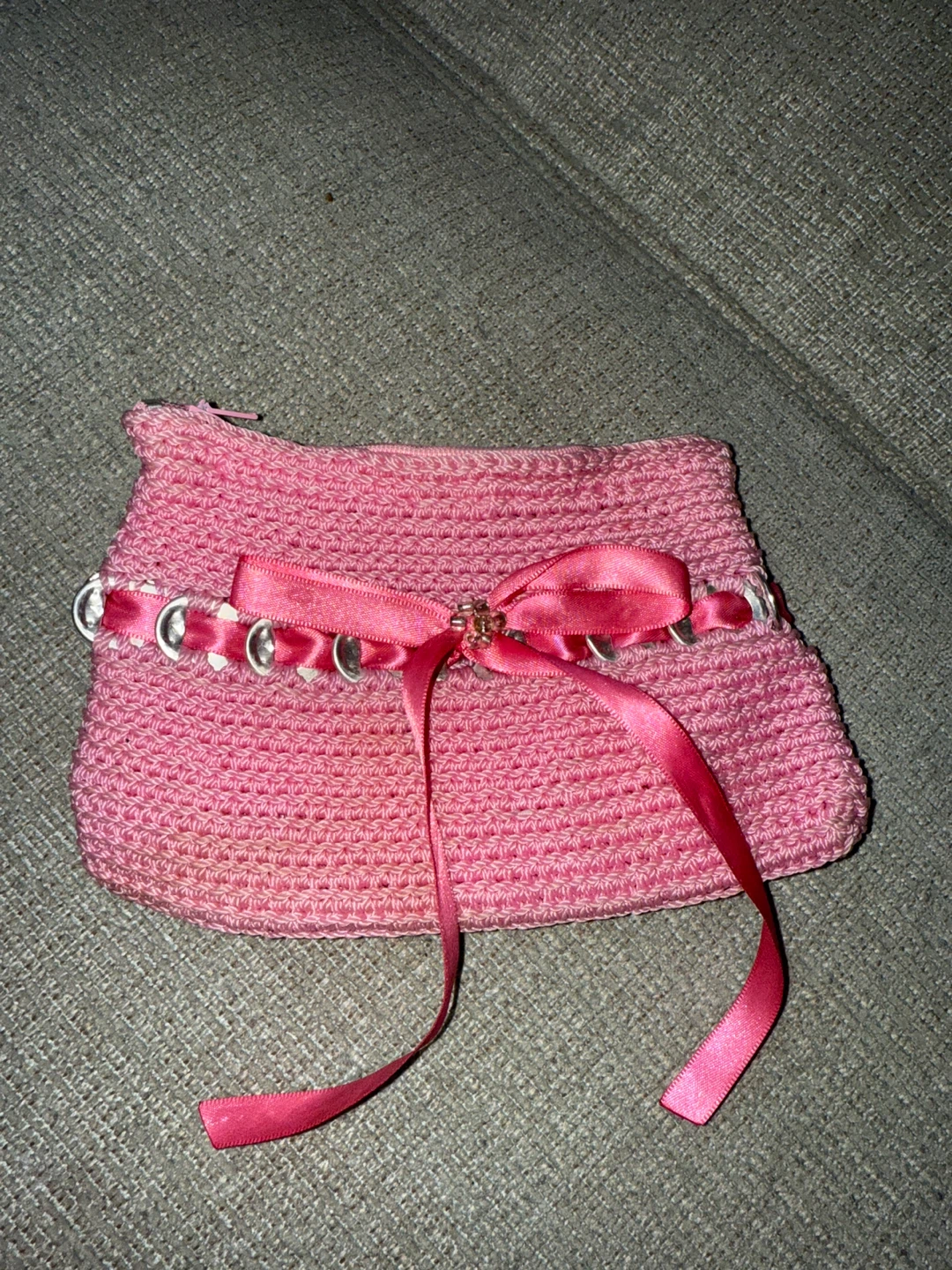 🌱Pink Crocheted Clutch with Ribbon & Ring Accent