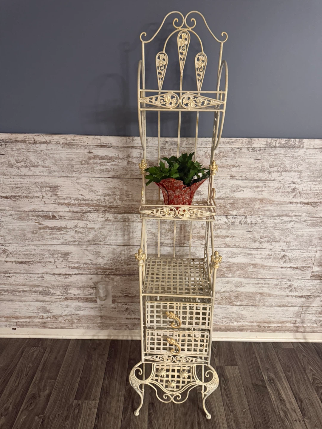 Ornate White Metal Shelf Unit with Drawers