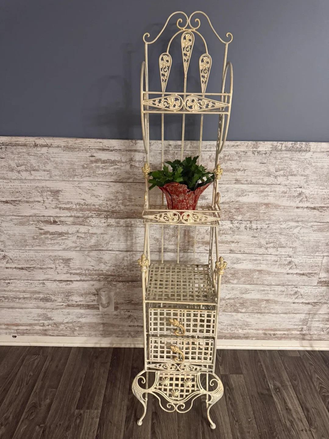 Ornate White Metal Shelf Unit with Drawers