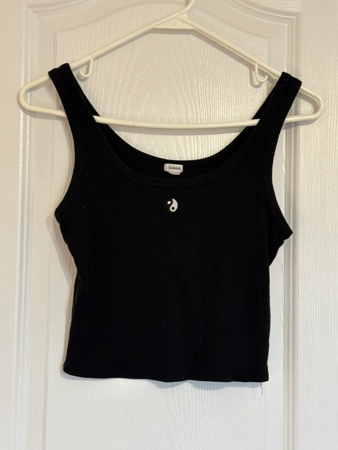 Garage Black Ribbed Tank Top with Yin Yang Design Size M
