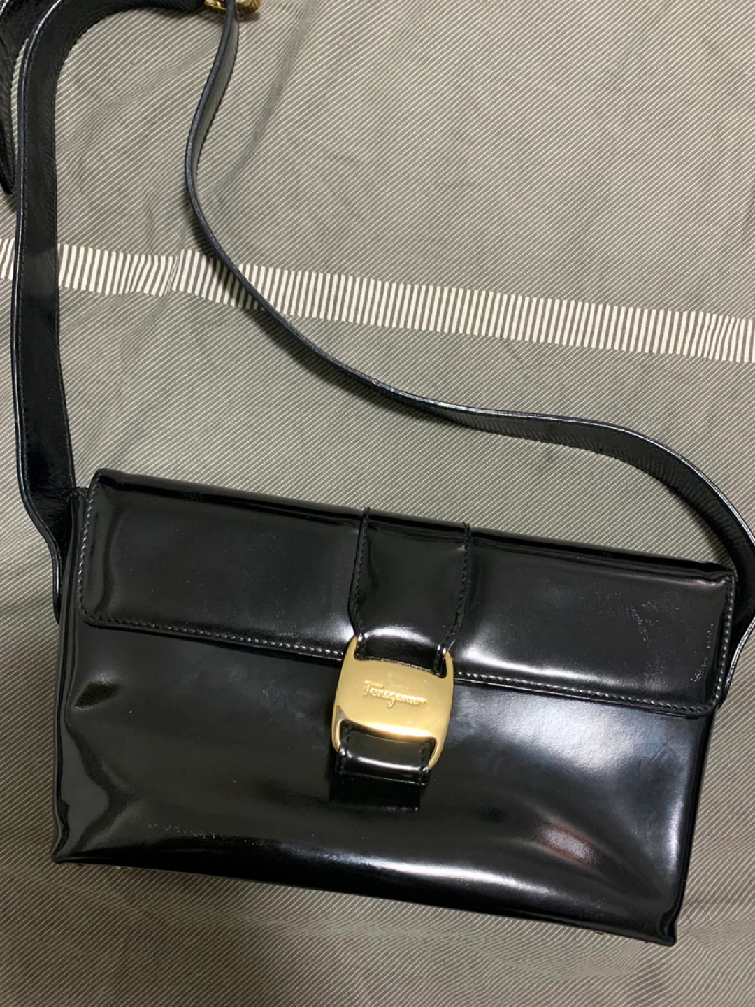 Salvatore Ferragamo Black Patent Leather Shoulder Bag