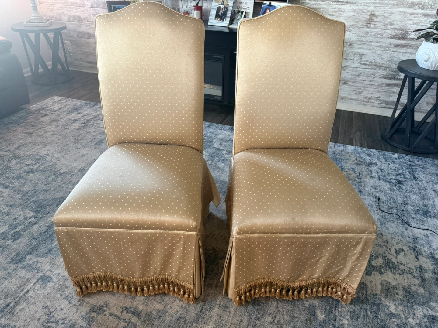 Pair of Gold Damask Upholstered Dining Chairs