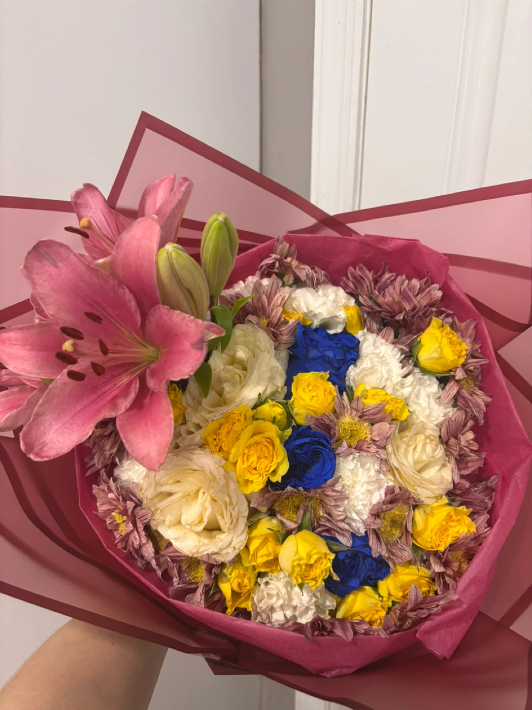 Mixed Flower Bouquet with Lily, Roses, and Chrysanthemums - photo 2