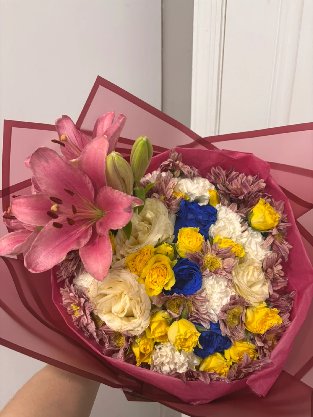 Mixed Flower Bouquet with Lily, Roses, and Chrysanthemums - photo 3