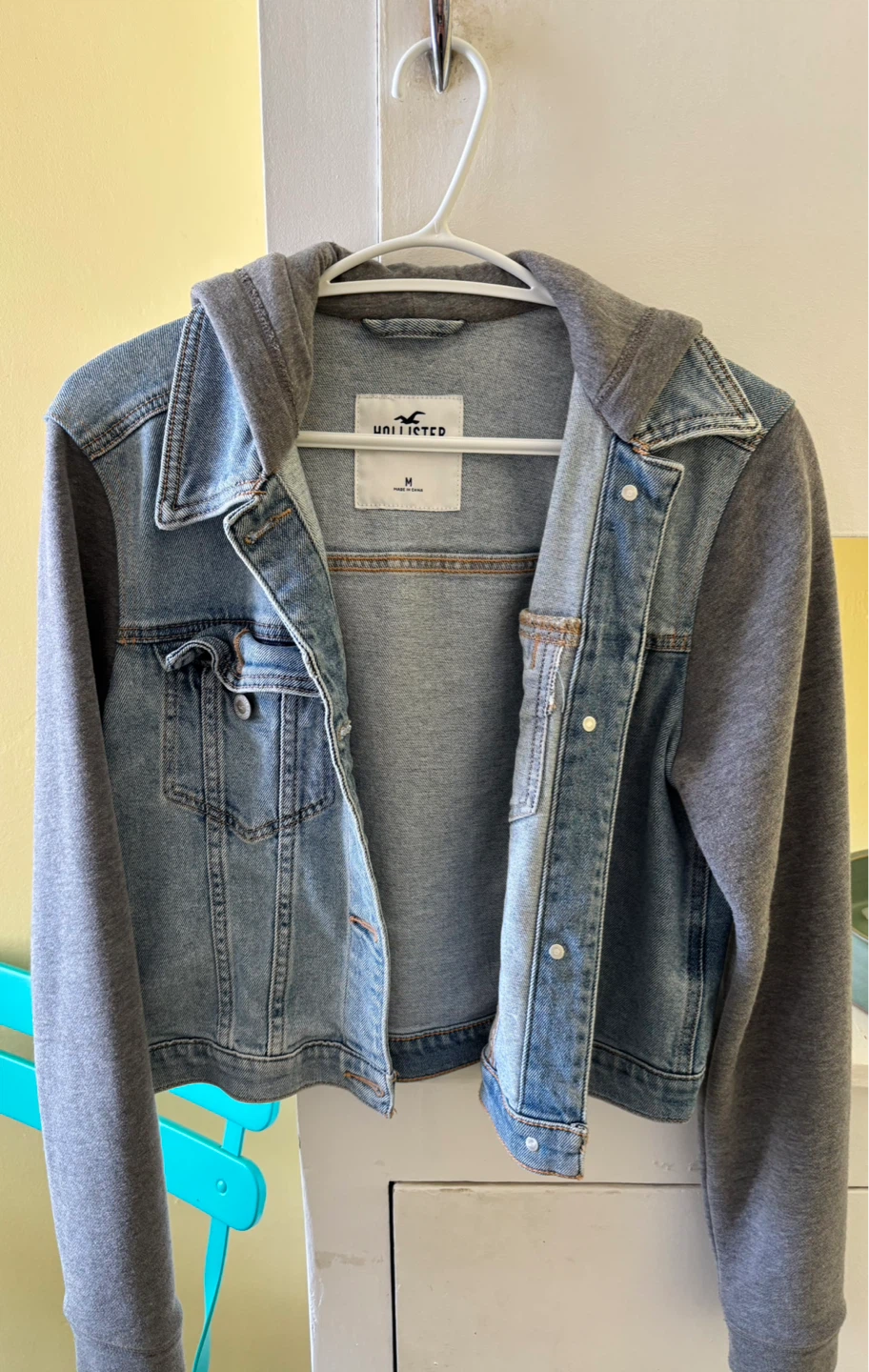 Hollister Denim Jacket with Grey Hooded Sleeves - Size M