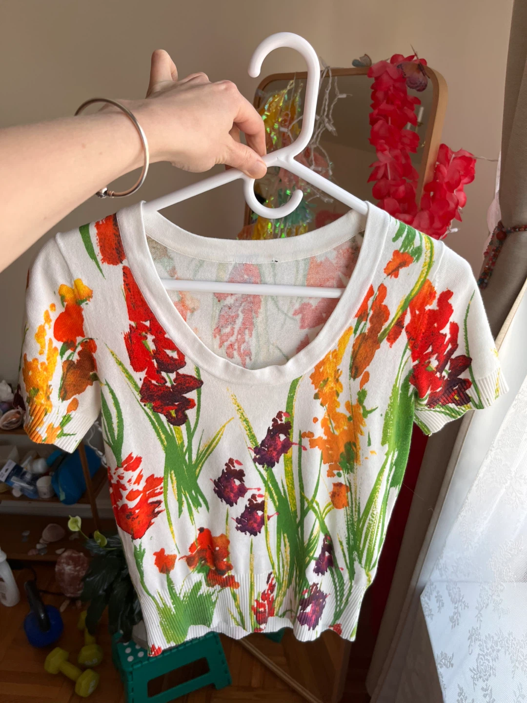White Floral Print Short Sleeve Top Cotton Italy