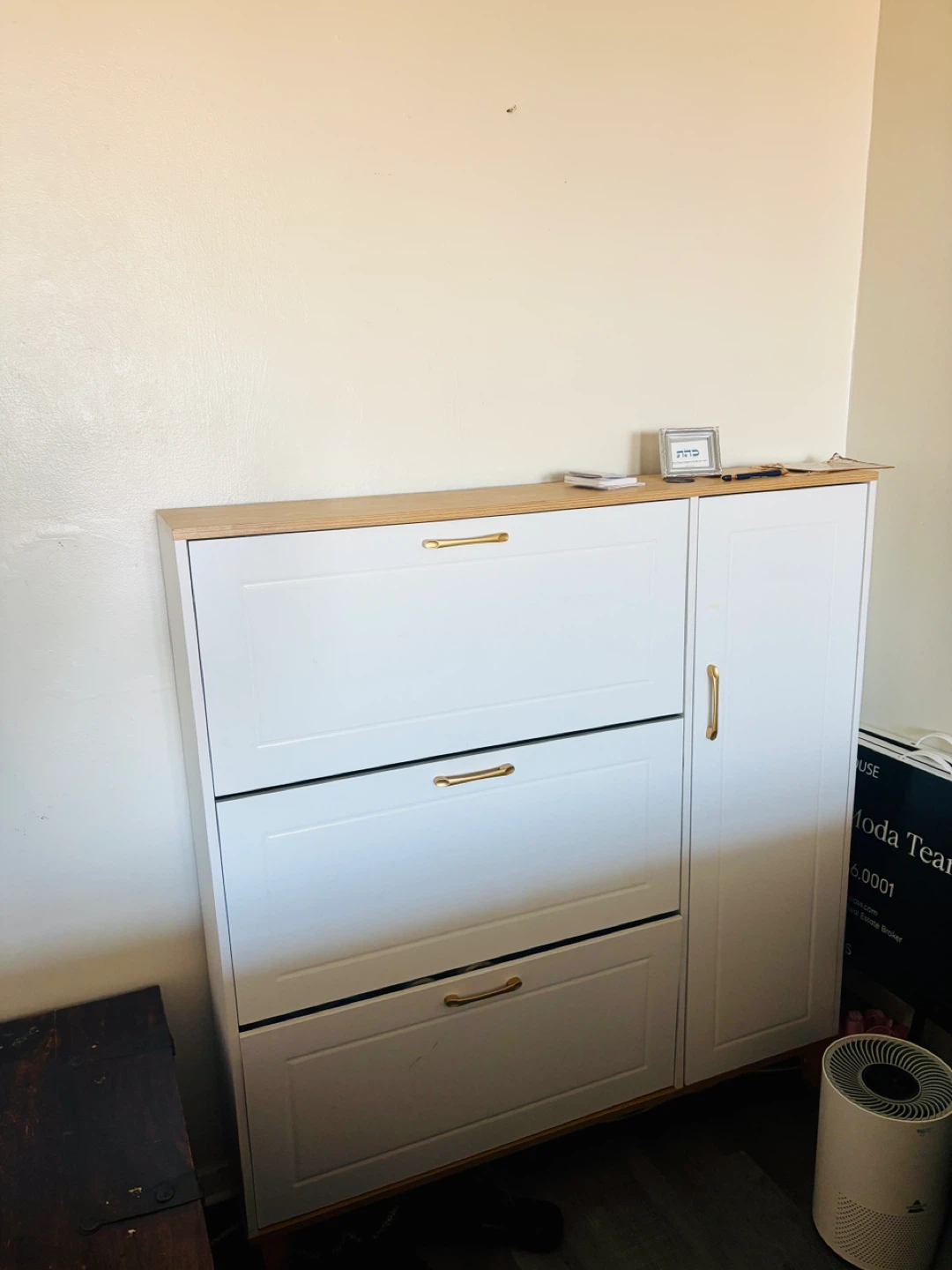 White Shoe Cabinet with Wood Top
