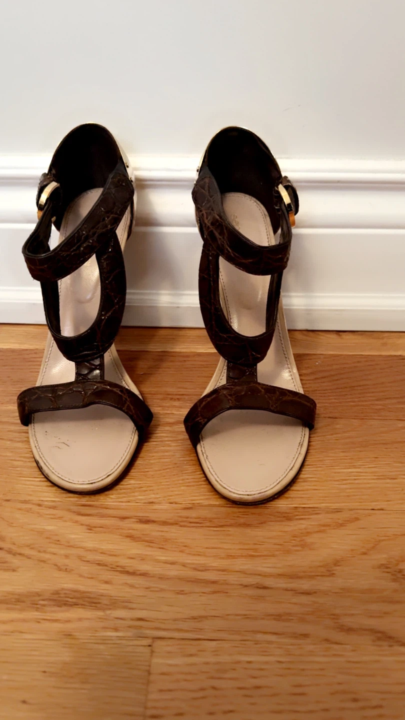 Women's Strappy Heels with Gold Hammered Heel Detail - photo 3