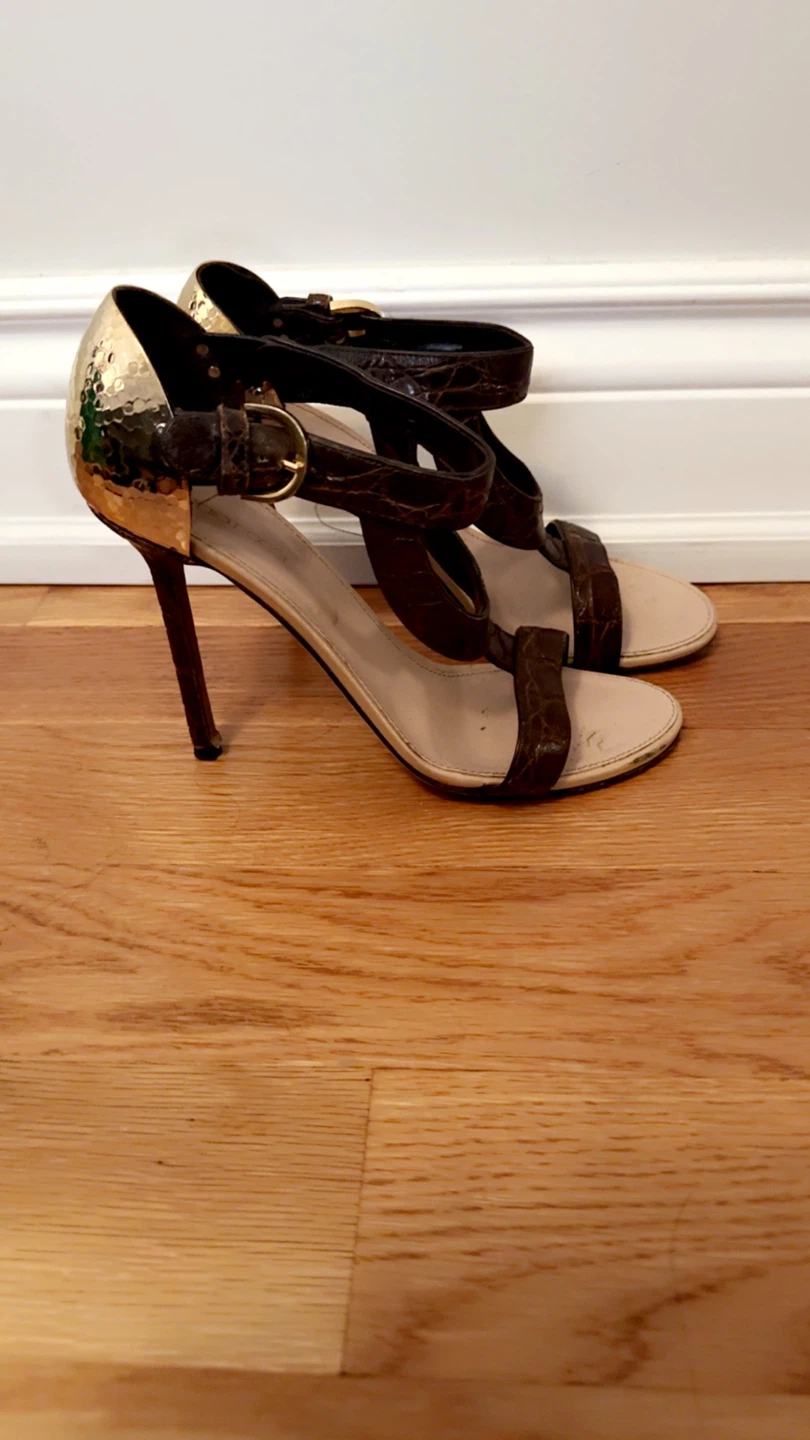 Women's Strappy Heels with Gold Hammered Heel Detail - photo 2