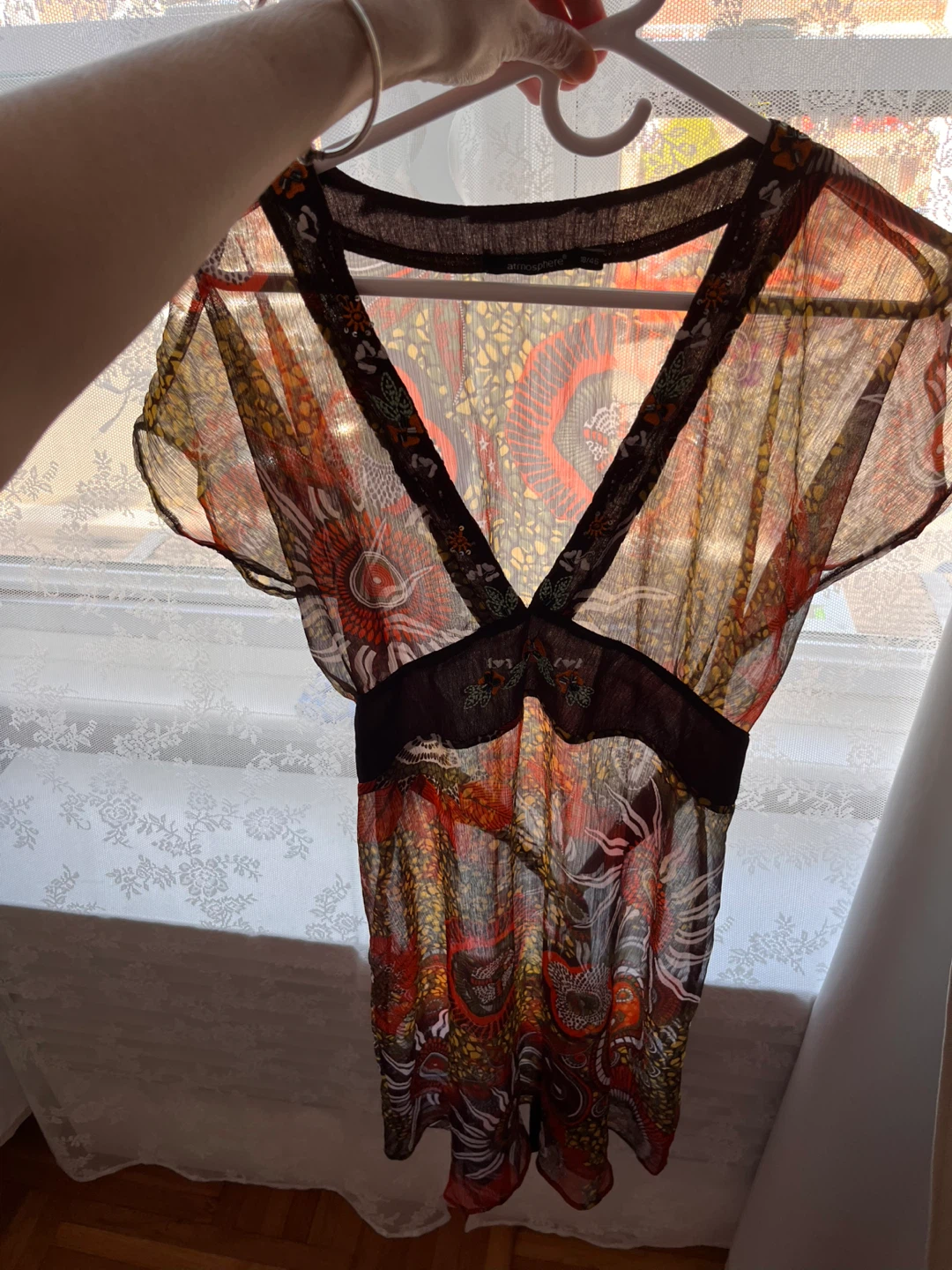Atmosphere Women's Sheer Print Dress with Beaded V-Neck