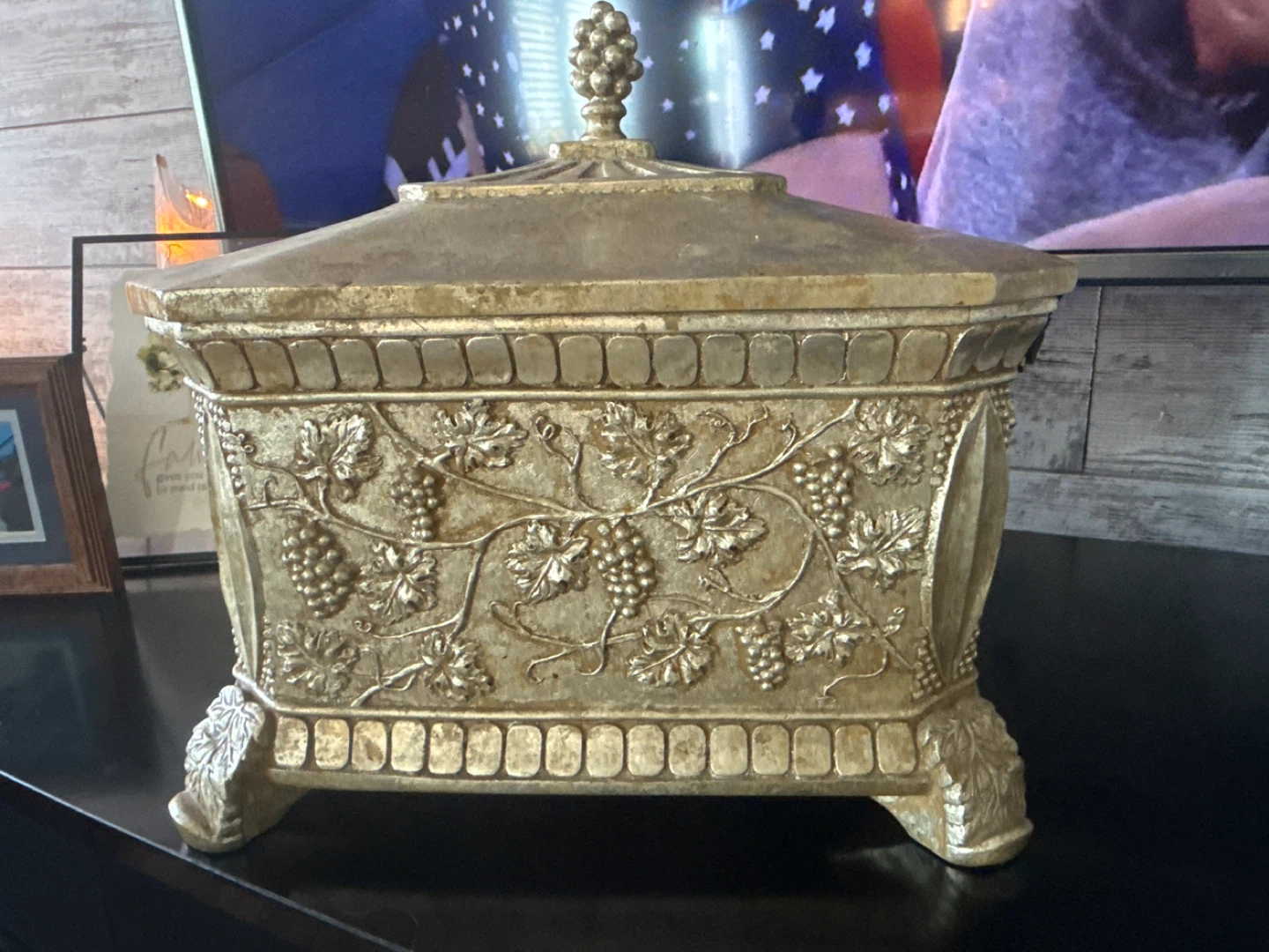 Ornate Gold Decorative Storage Box with Grapevine Design