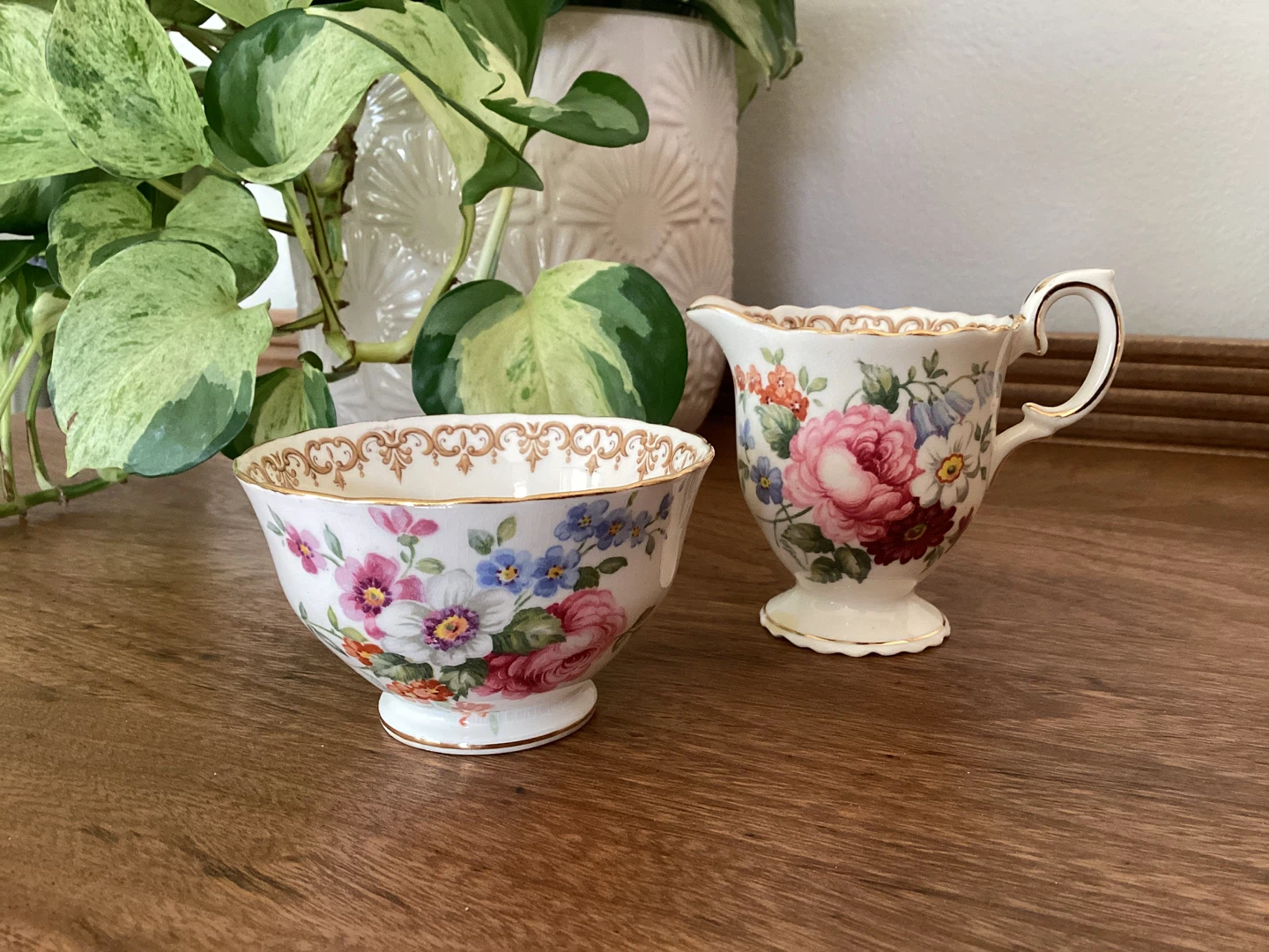 Crown Staffordshire Floral Creamer and Sugar Bowl Set
