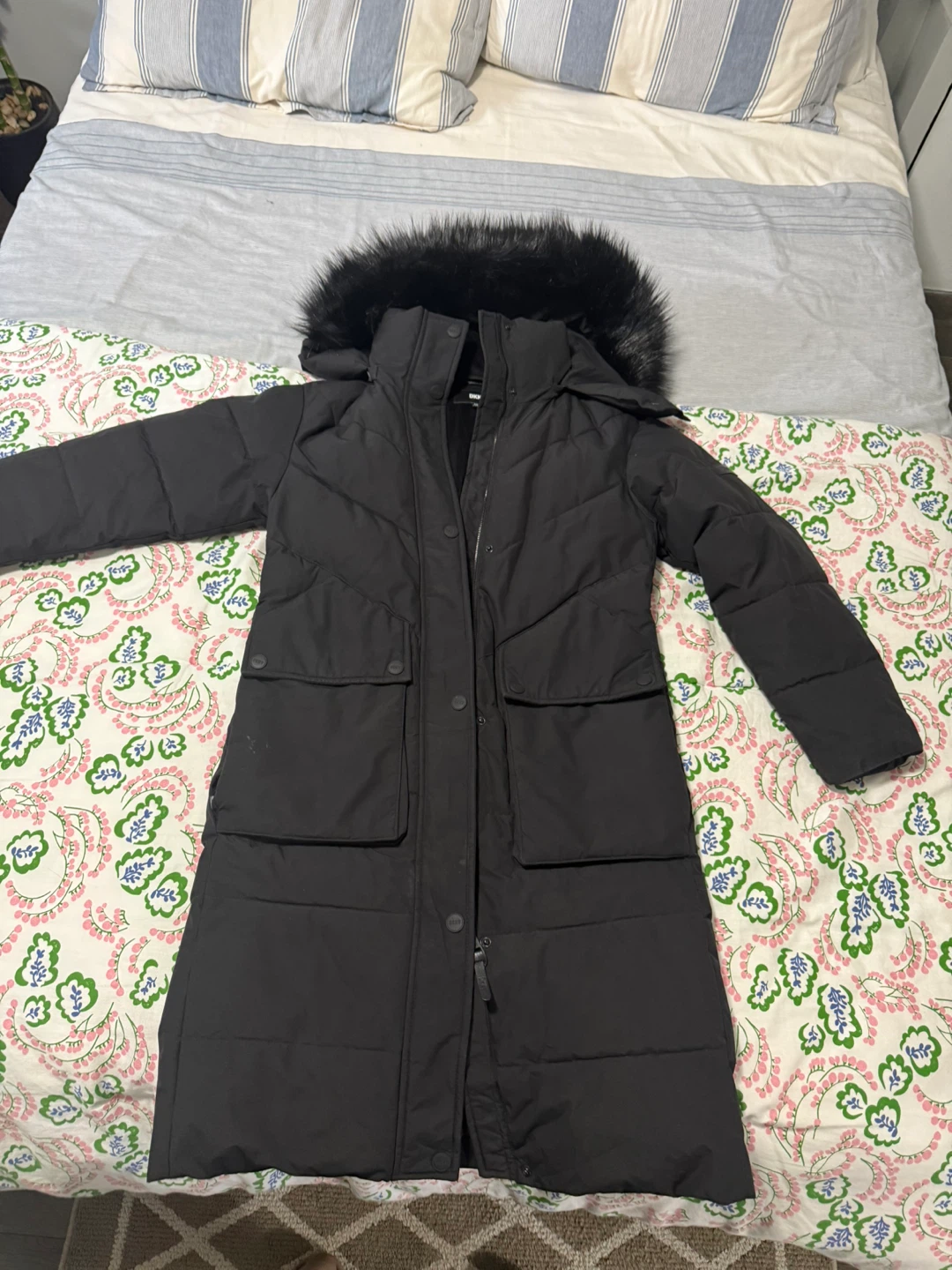 DKNY Black Puffer Parka with Fur Hood