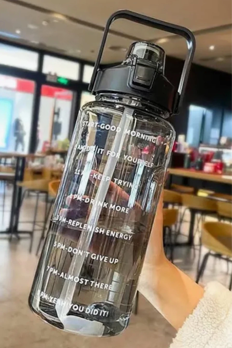 Large motivational water bottle with straw