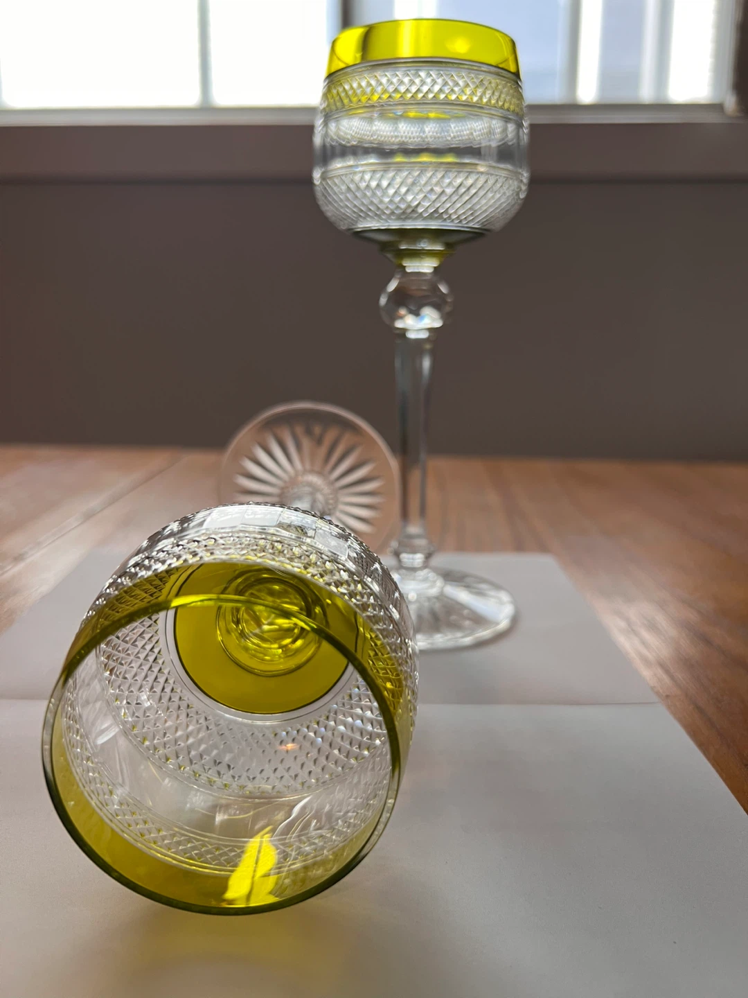 Set of 10 Unique Vintage Crystal Wine Glasses with Yellow Tint