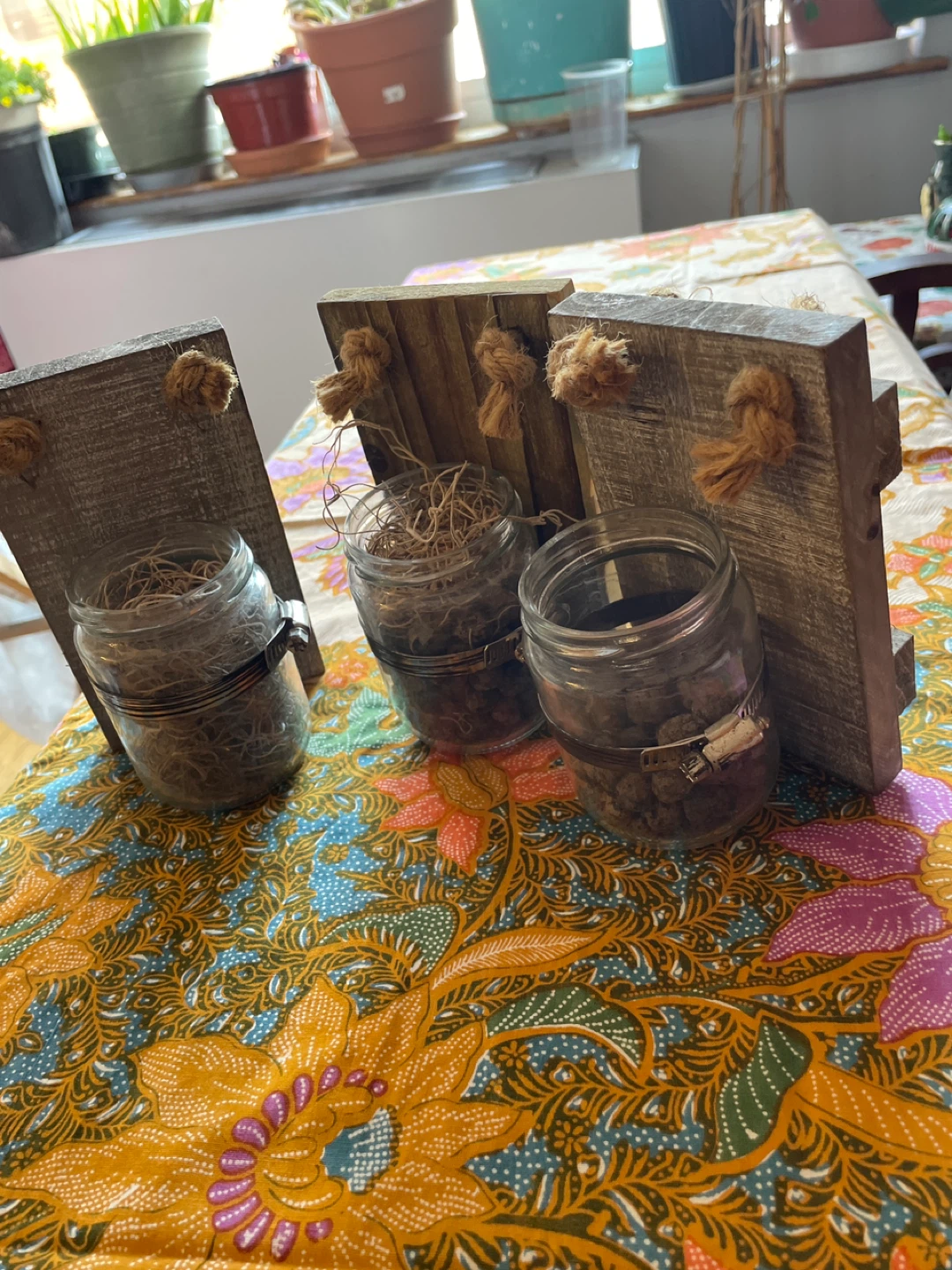 Set of 3 Rustic Wood Jars with Rope Hangers