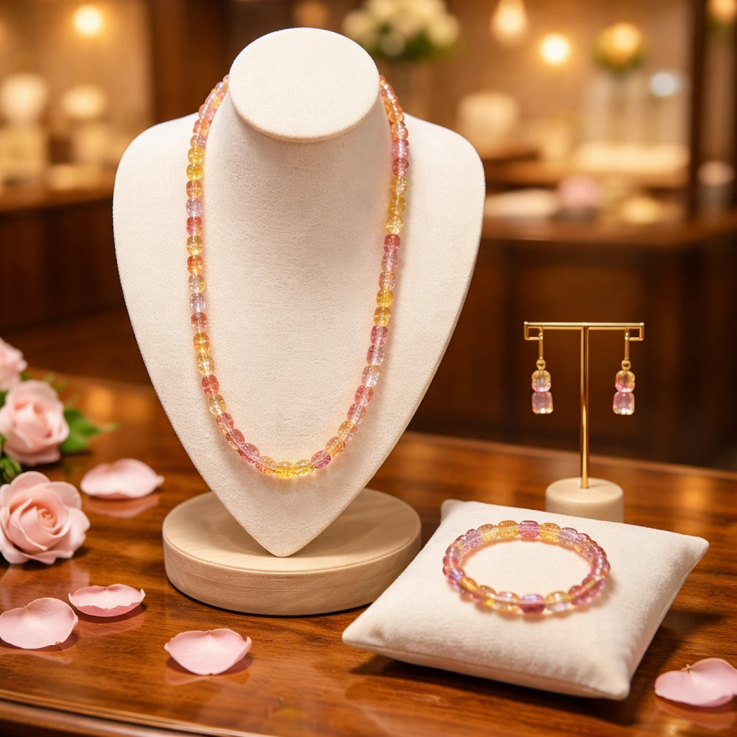 Pink Gemstone Necklace, Bracelet, and Earring Set