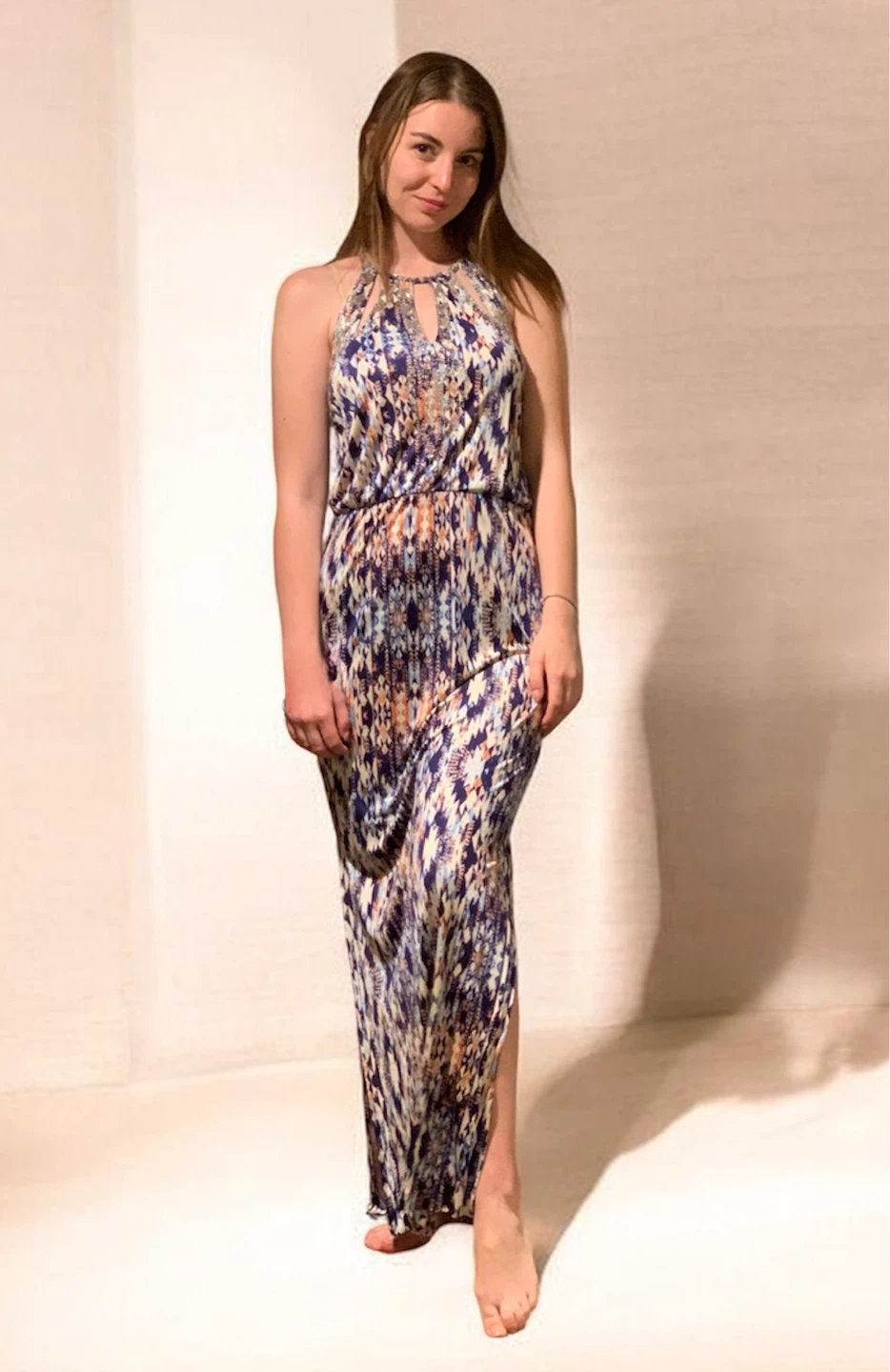 Embellished maxi dress size S/M beaded geometric Aztec pattern