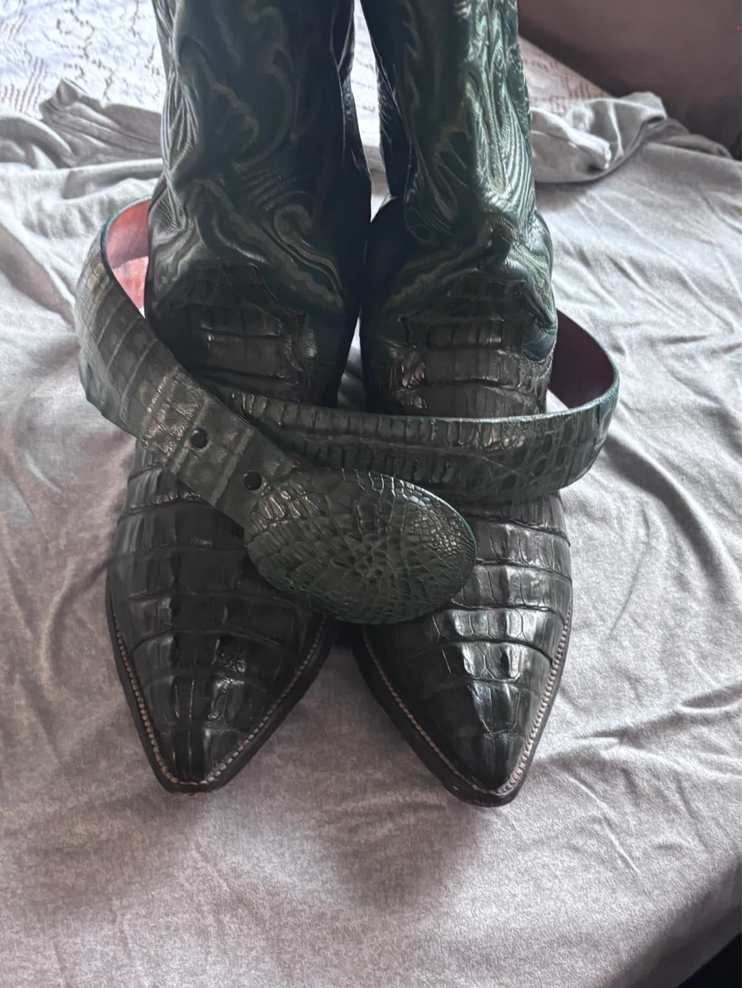 Men's Green Crocodile Western Boots and Belt Set