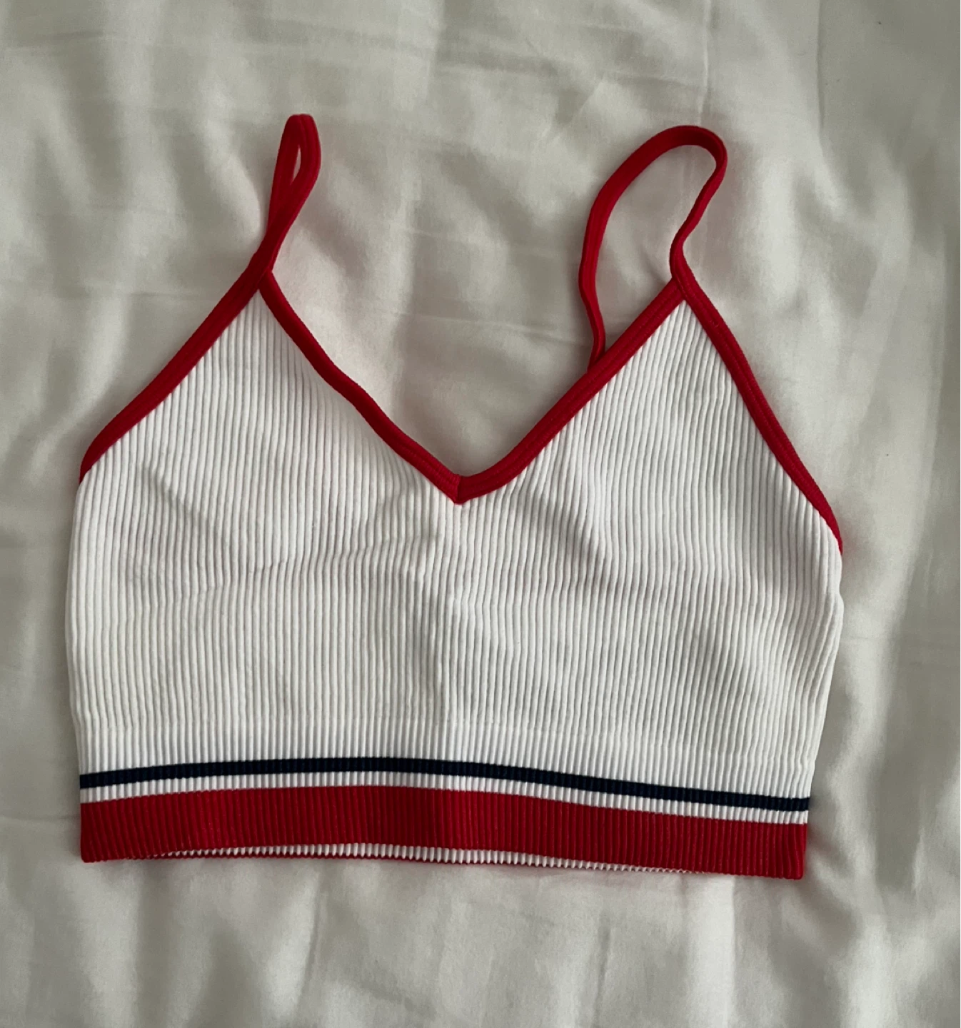 White ribbed crop top with red trim