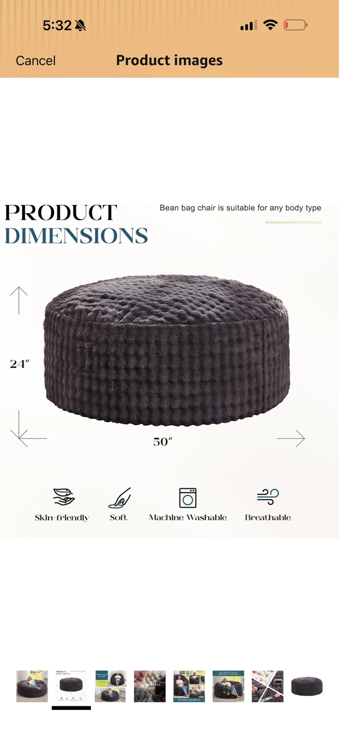 Fluffy Grey Bean Bag Chair - 50" Diameter