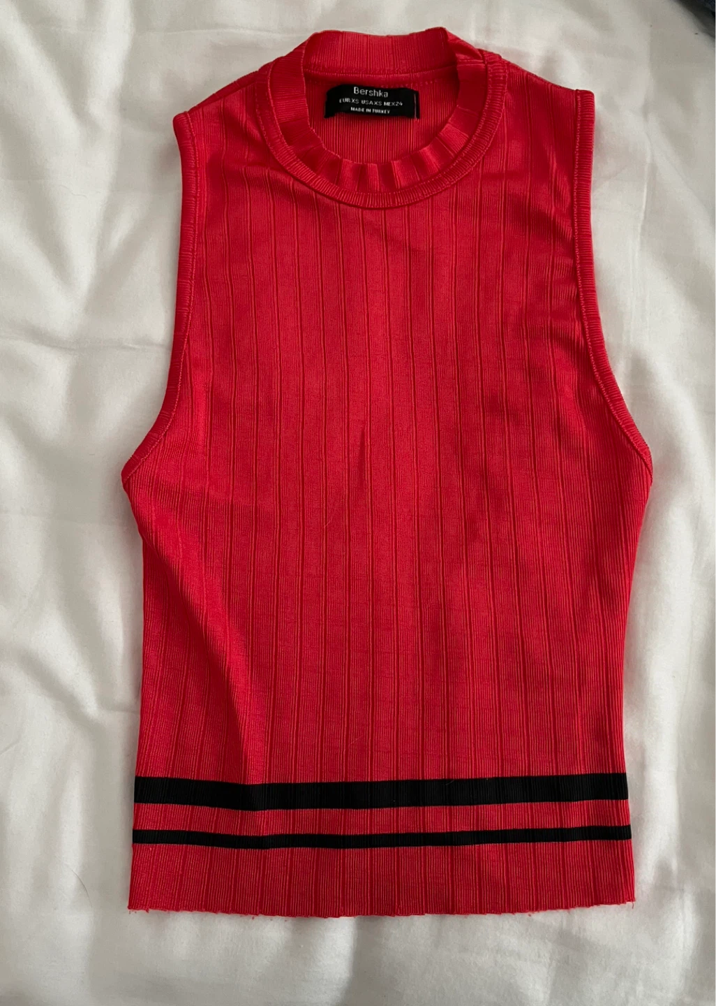 Bershka Red Ribbed Tank Top with Black Stripe Detail