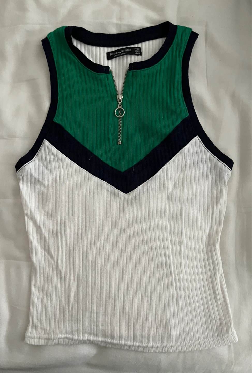 Bershka BSKGIRL Ribbed Tank Top - Green/White/Navy