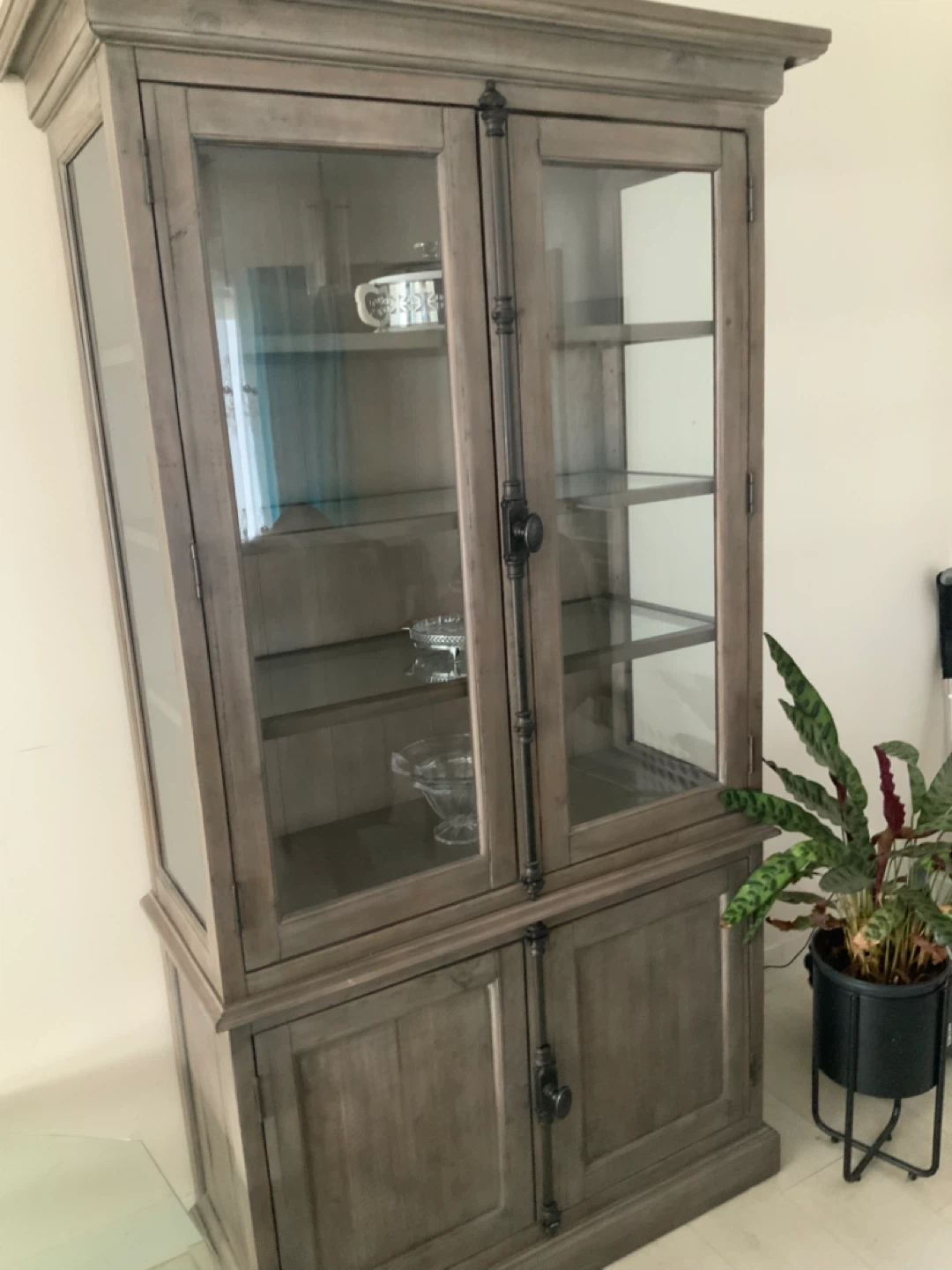 Grey Wood and Glass Display Cabinet with Storage