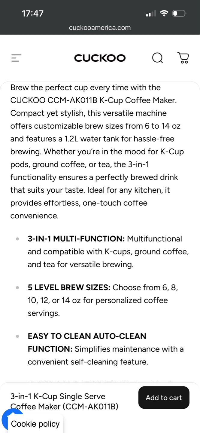 Cuckoo 3-in-1 K-Cup Single Serve Coffee Maker (CCM-AK011B) - photo 5
