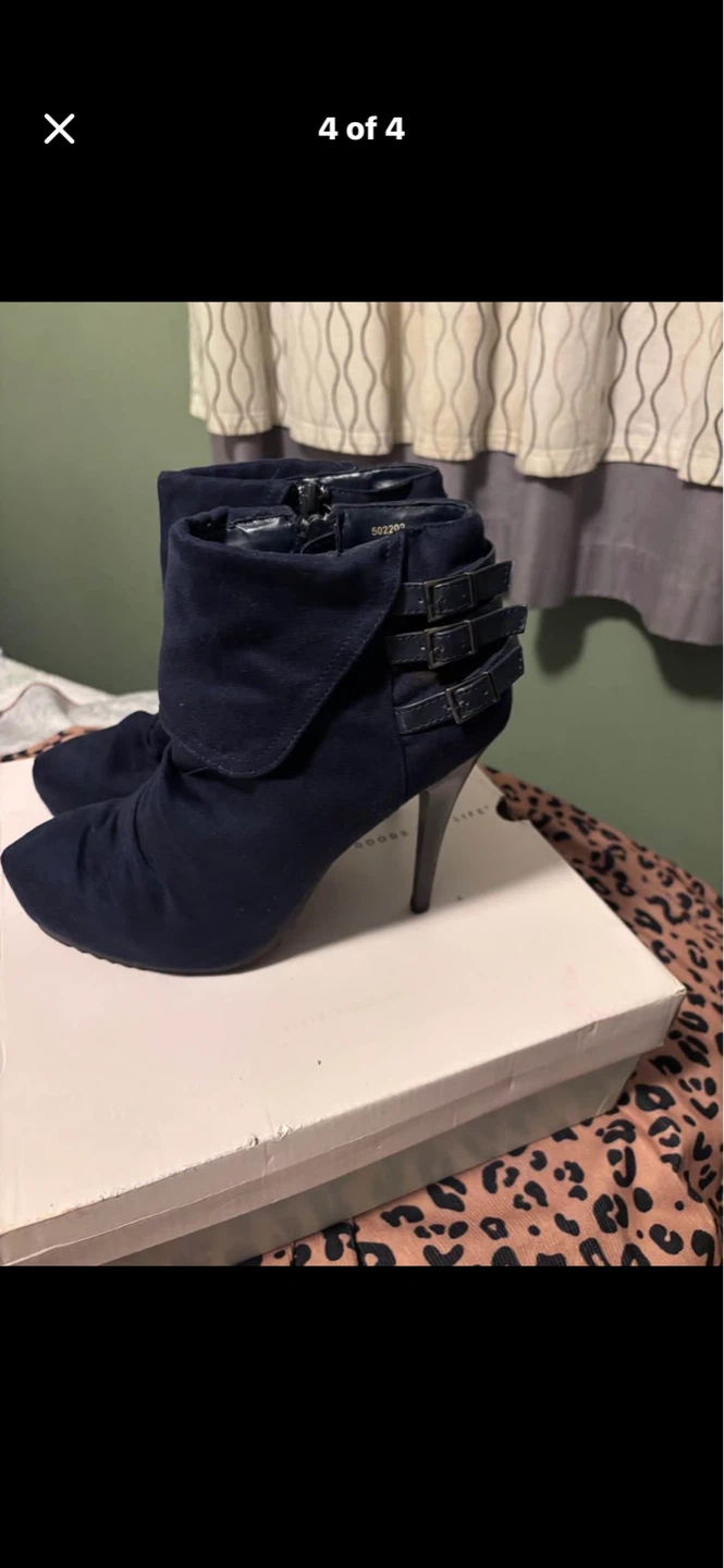 Navy Blue Suede Ankle Boots with Buckle Detail - photo 3