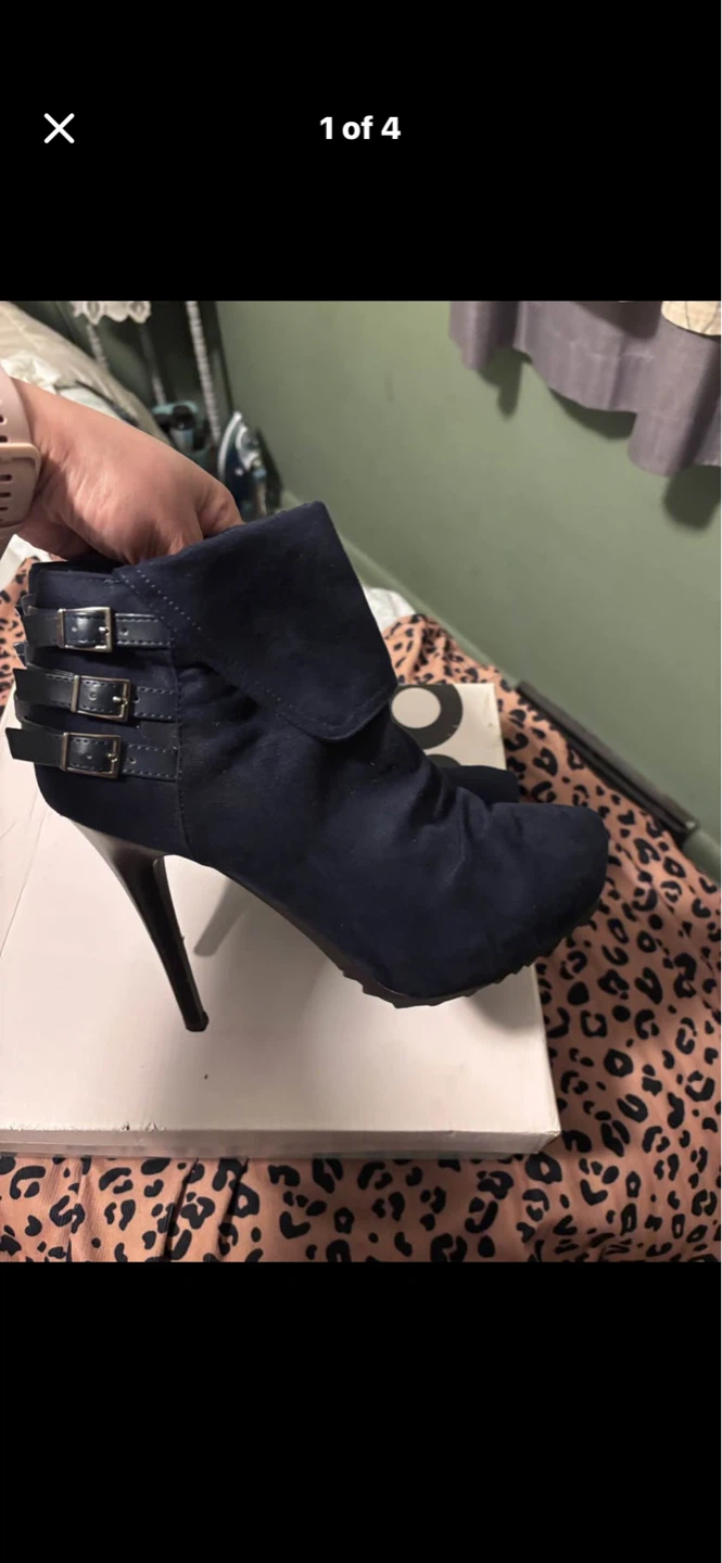 Navy Blue Suede Ankle Boots with Buckle Detail - photo 2
