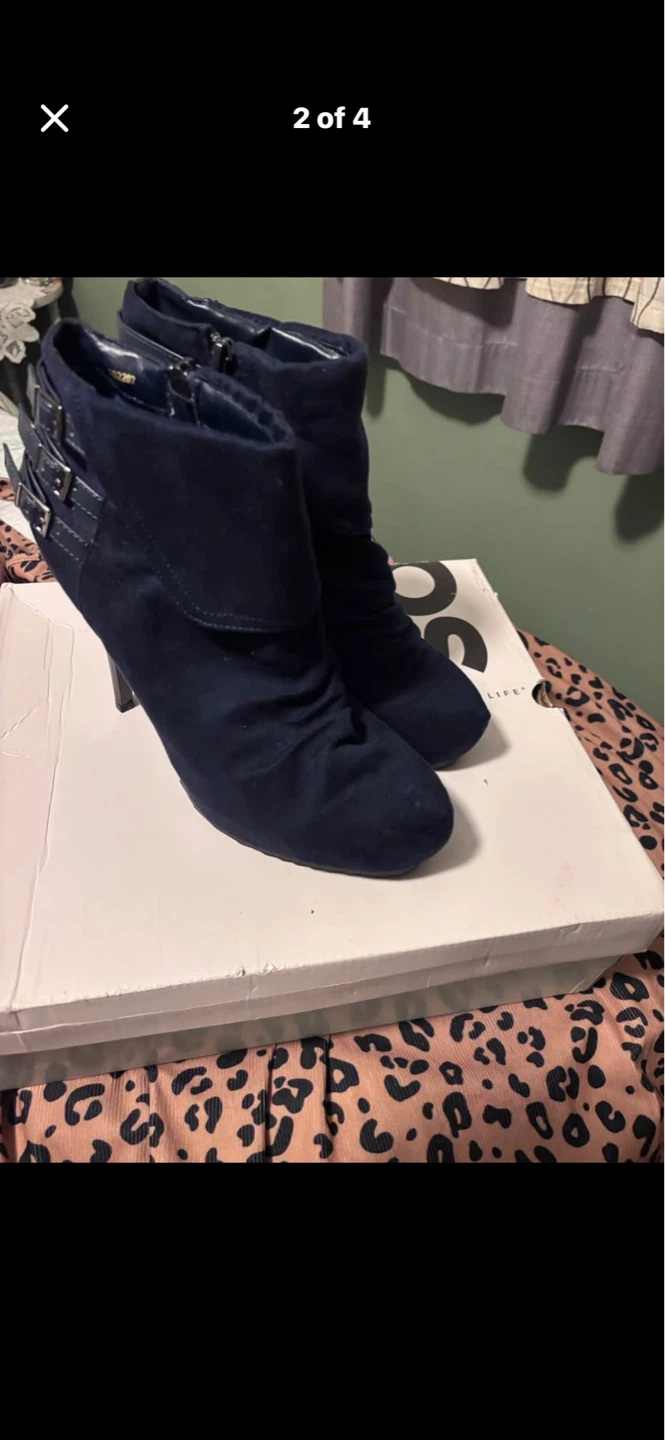 Navy Blue Suede Ankle Boots with Buckle Detail