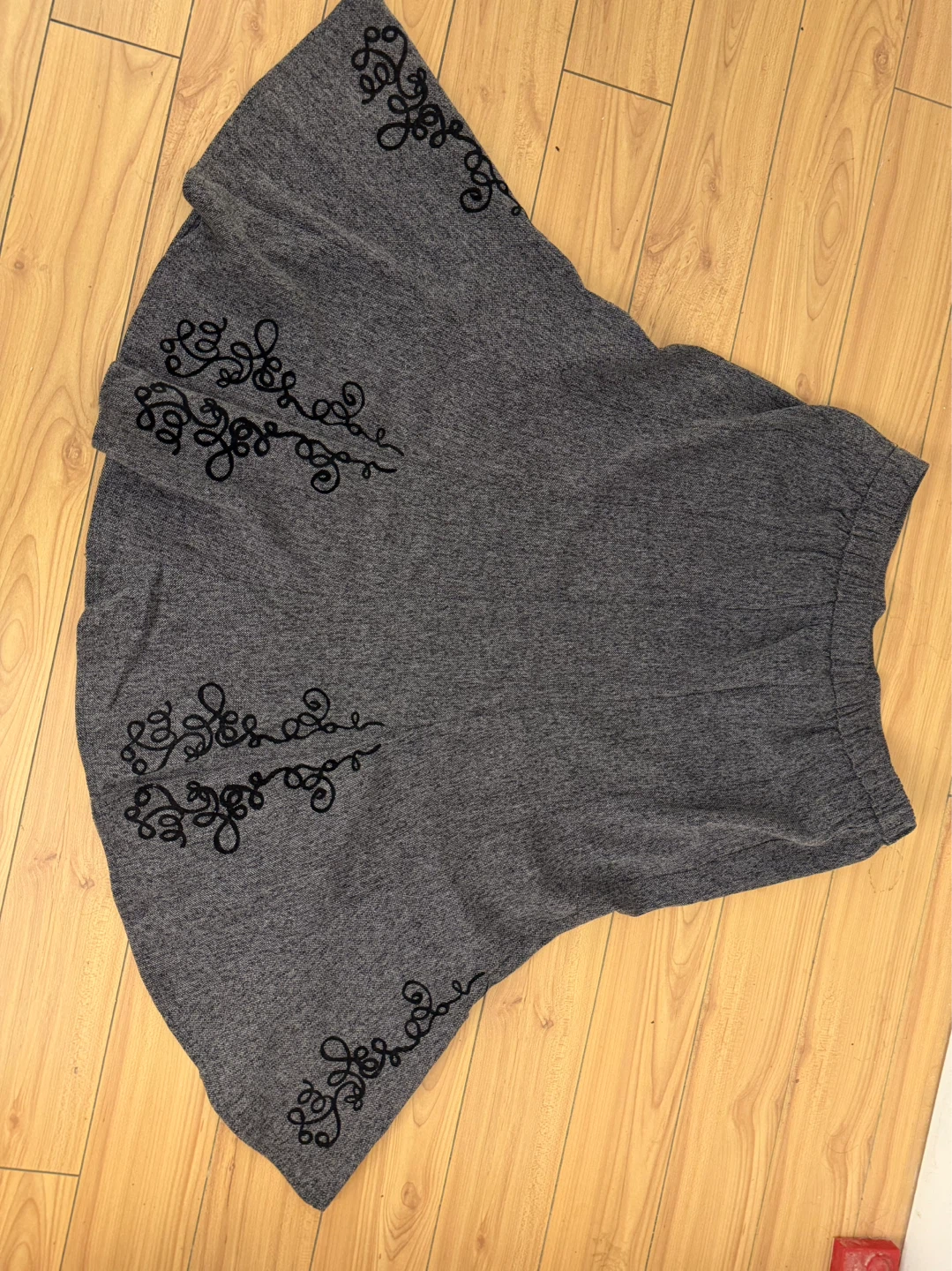 Grey A-line Skirt with Black Swirl Embroidery