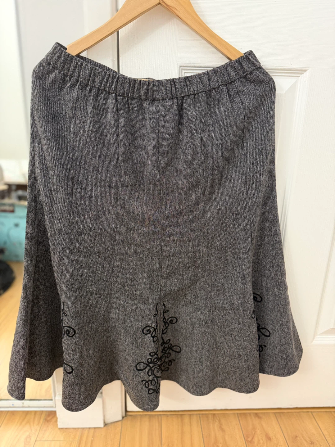 Grey A-line Skirt with Black Swirl Embroidery - photo 3