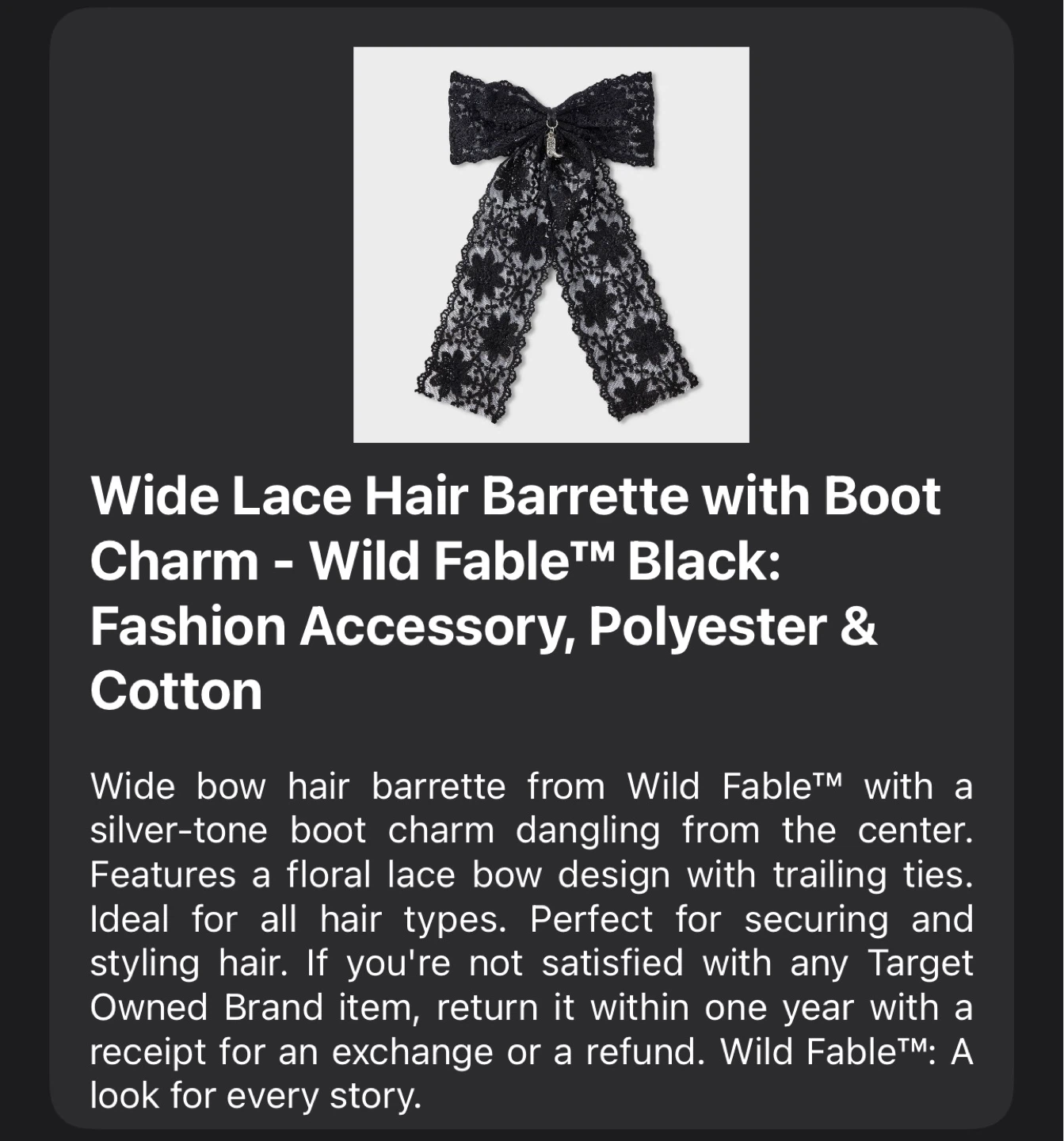 Wild Fable Black Wide Lace Hair Barrette with Boot Charm - photo 2
