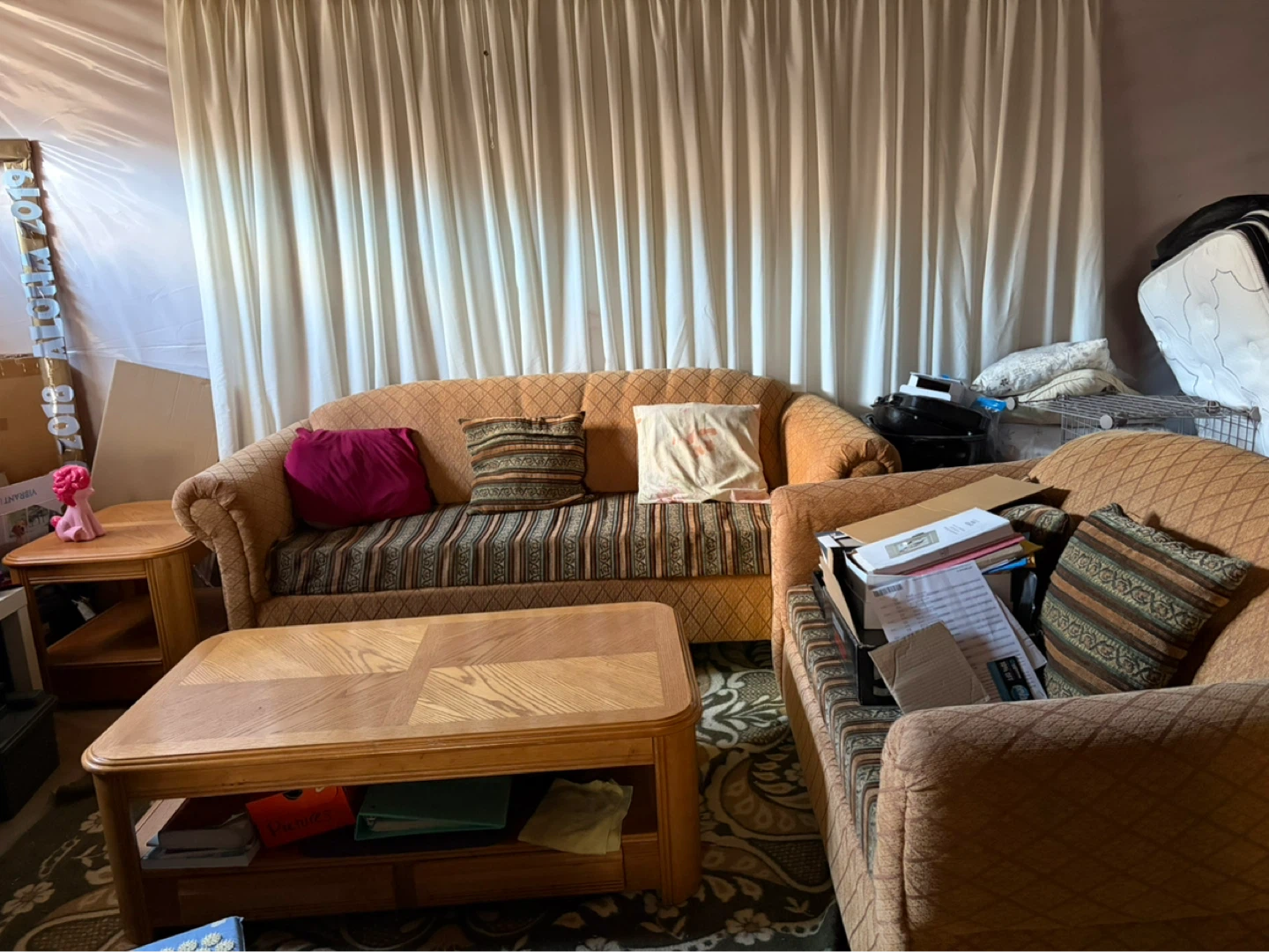 Orange Patterned Sofa and loveseat Set with table