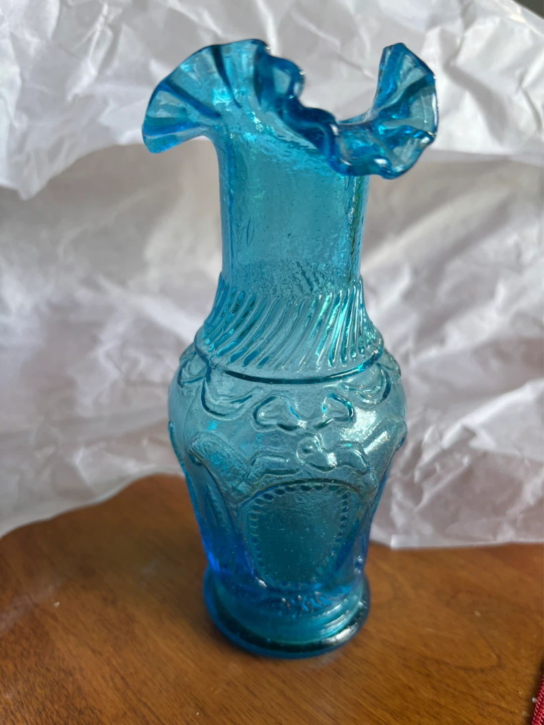 Small Vintage Blue Glass Vase with Ruffled Rim