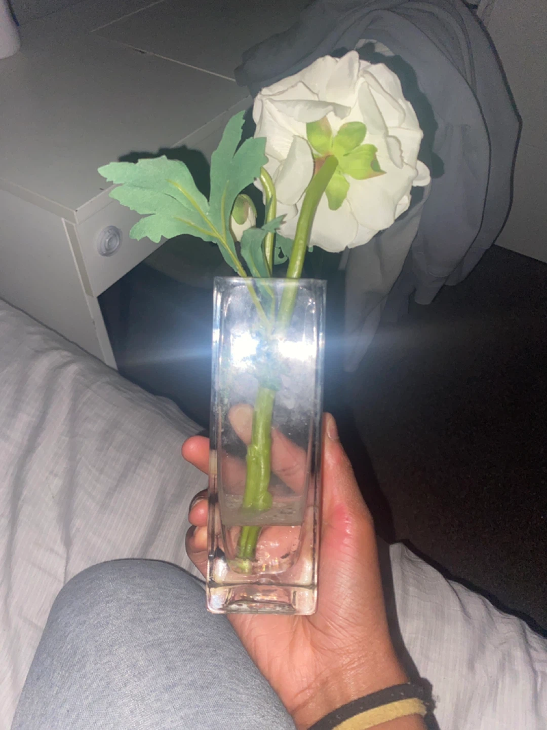 Artificial White Flower in Clear Glass Vase