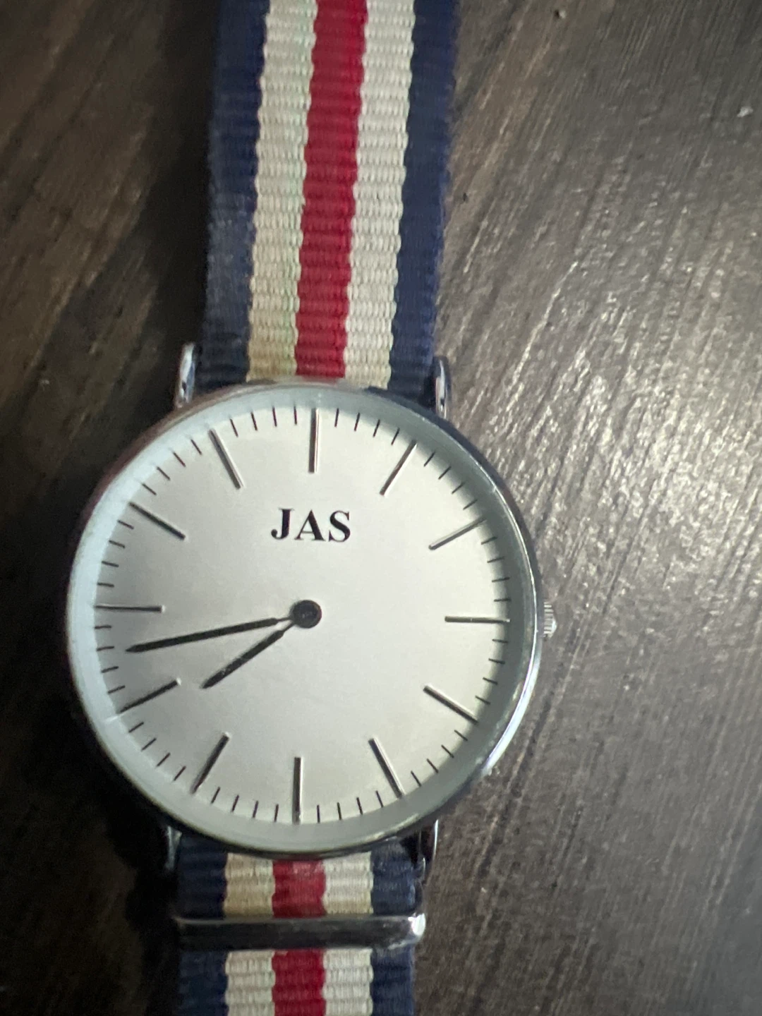 JAS Watch with Red, White, and Blue Stripe Band